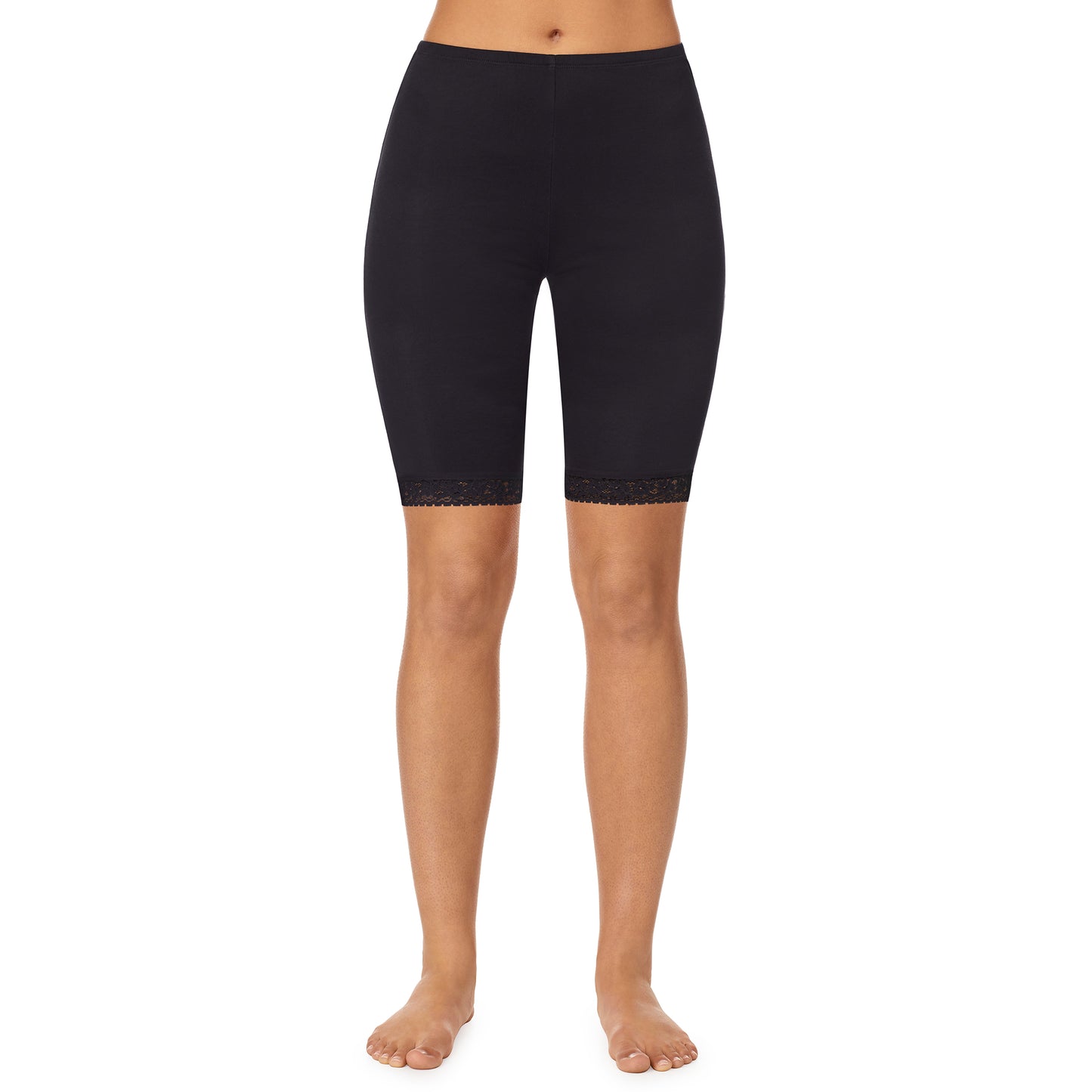 Black; Model is wearing size S. She is 5’9”, Bust 32”, Waist 25.5”, Hips 36”. @A lady wearing a black lace edge short.