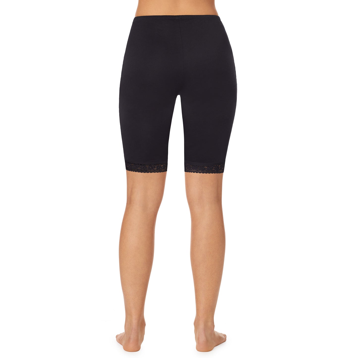 Black; Model is wearing size S. She is 5’9”, Bust 32”, Waist 25.5”, Hips 36”. @A lady wearing a black lace edge short.
