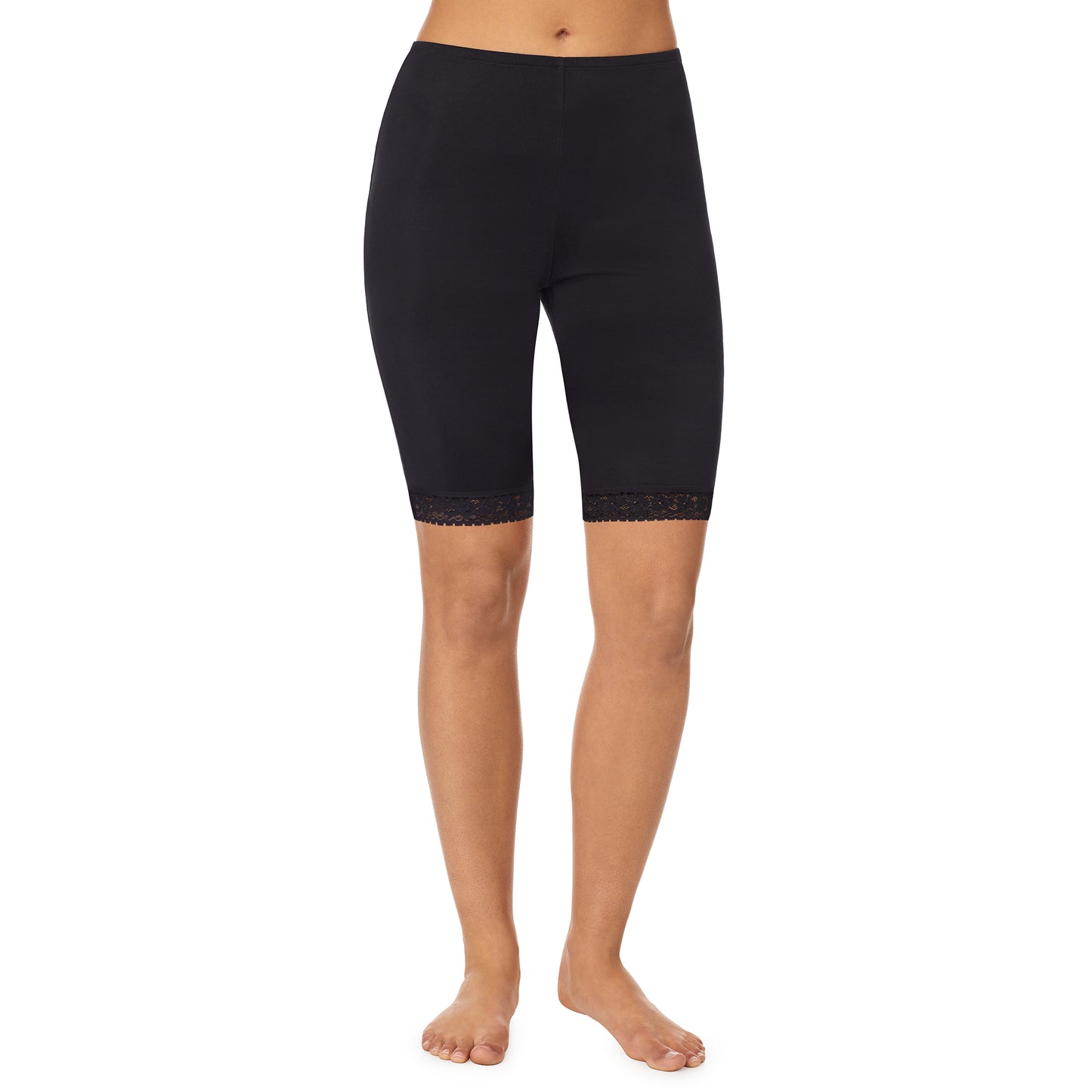 Black; Model is wearing size S. She is 5’9”, Bust 32”, Waist 25.5”, Hips 36”. @A lady wearing a black lace edge short.