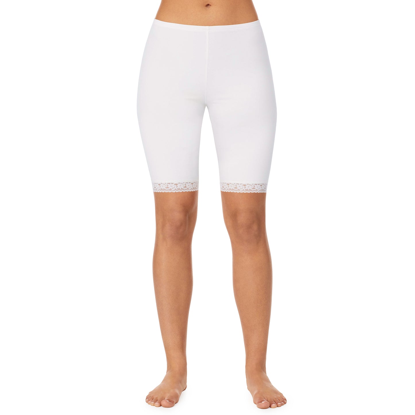White; Model is wearing size S. She is 5’9”, Bust 32”, Waist 25.5”, Hips 36”. @A lady wearing a white lace edge short.