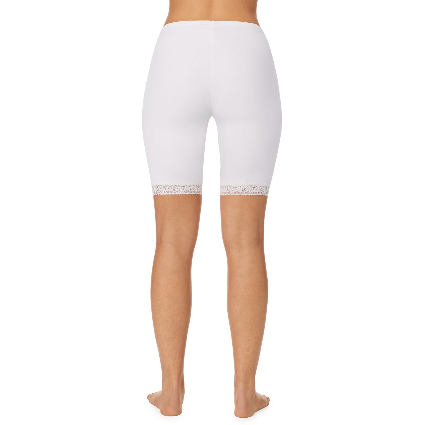 White; Model is wearing size S. She is 5’9”, Bust 32”, Waist 25.5”, Hips 36”. @A lady wearing a white lace edge short.
