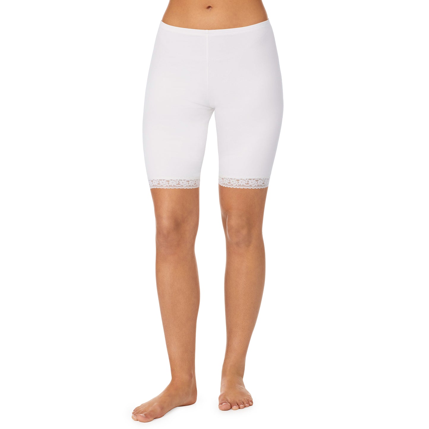 White; Model is wearing size S. She is 5’9”, Bust 32”, Waist 25.5”, Hips 36”. @A lady wearing a white lace edge short.