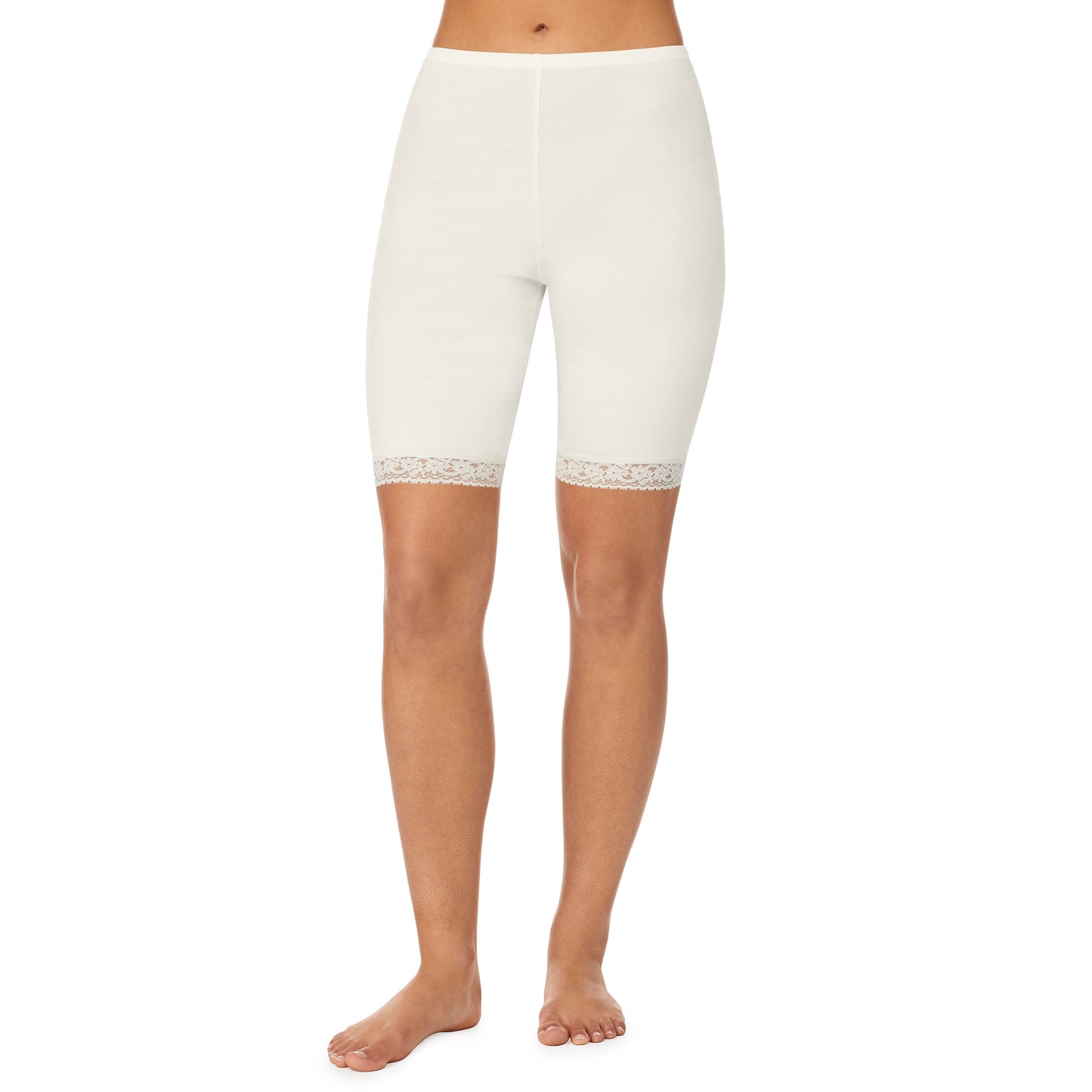 Ivory;Model is wearing size S. She is 5’9”, Bust 32”, Waist 25.5”, Hips 36”. @A lady wearing a white lace edge short.