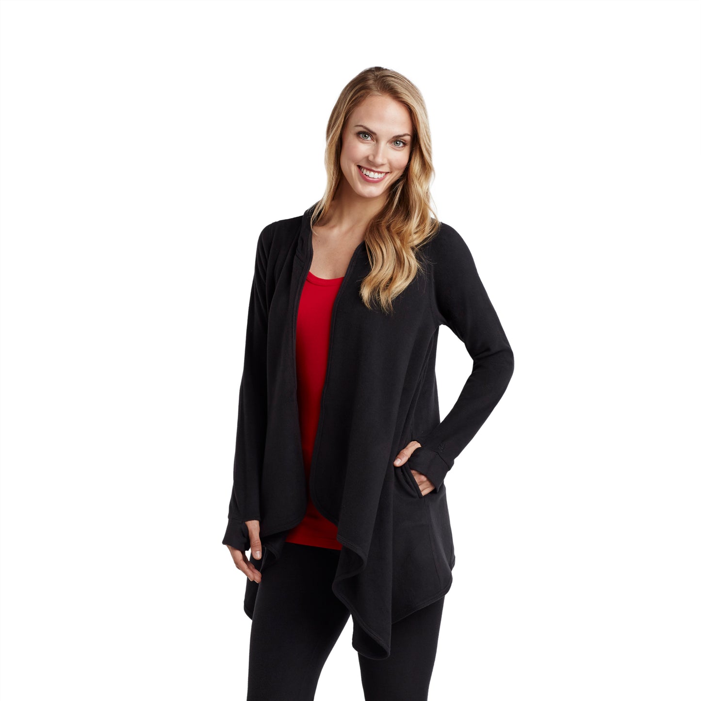 Black; Model is wearing size S. She is 5’9”, Bust 32”, Waist 25.5”, Hips 36”.@Upper body of a lady wearing long sleeve black hooded wrap !59% Polyester, 35% Recycled Polyester, 6% Spandex!