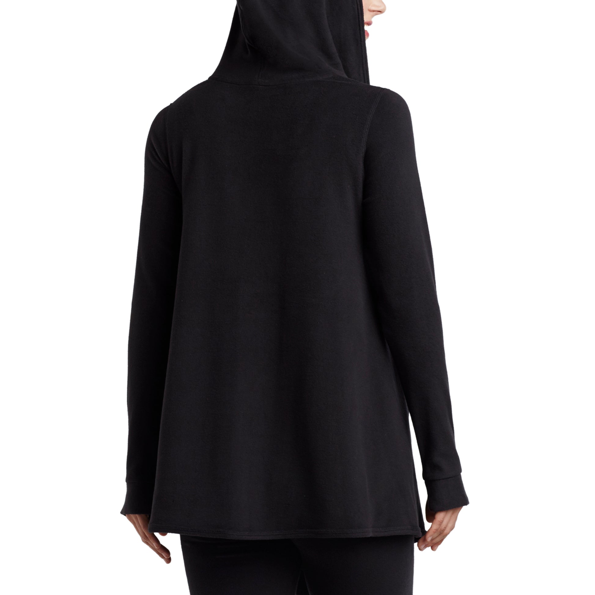 Upper body of a lady wearing long sleeve black hooded wrap