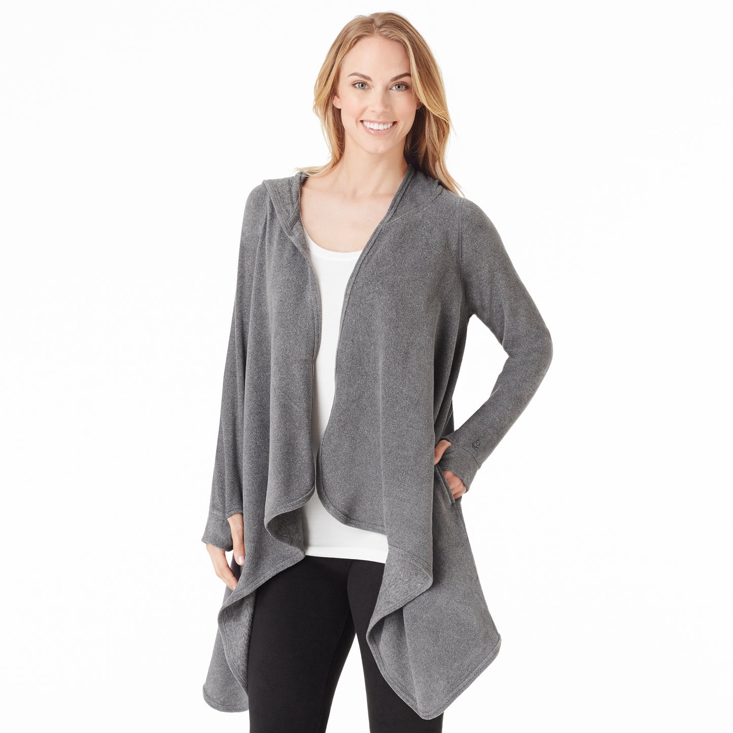 Charcoal Heather; Model is wearing size S. She is 5’9”, Bust 32”, Waist 25.5”, Hips 36”.@Upper body of a lady wearing long sleeve grey hooded wrap !59% Polyester, 35% Recycled Polyester, 6% Spandex!