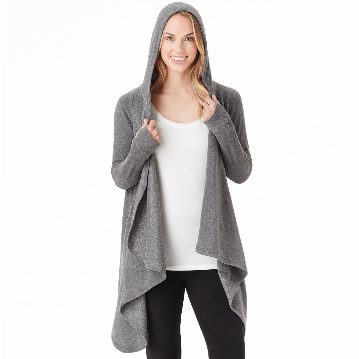 Charcoal Heather; Model is wearing size S. She is 5’9”, Bust 32”, Waist 25.5”, Hips 36”.@Upper body of a lady wearing long sleeve grey hooded wrap !59% Polyester, 35% Recycled Polyester, 6% Spandex!
