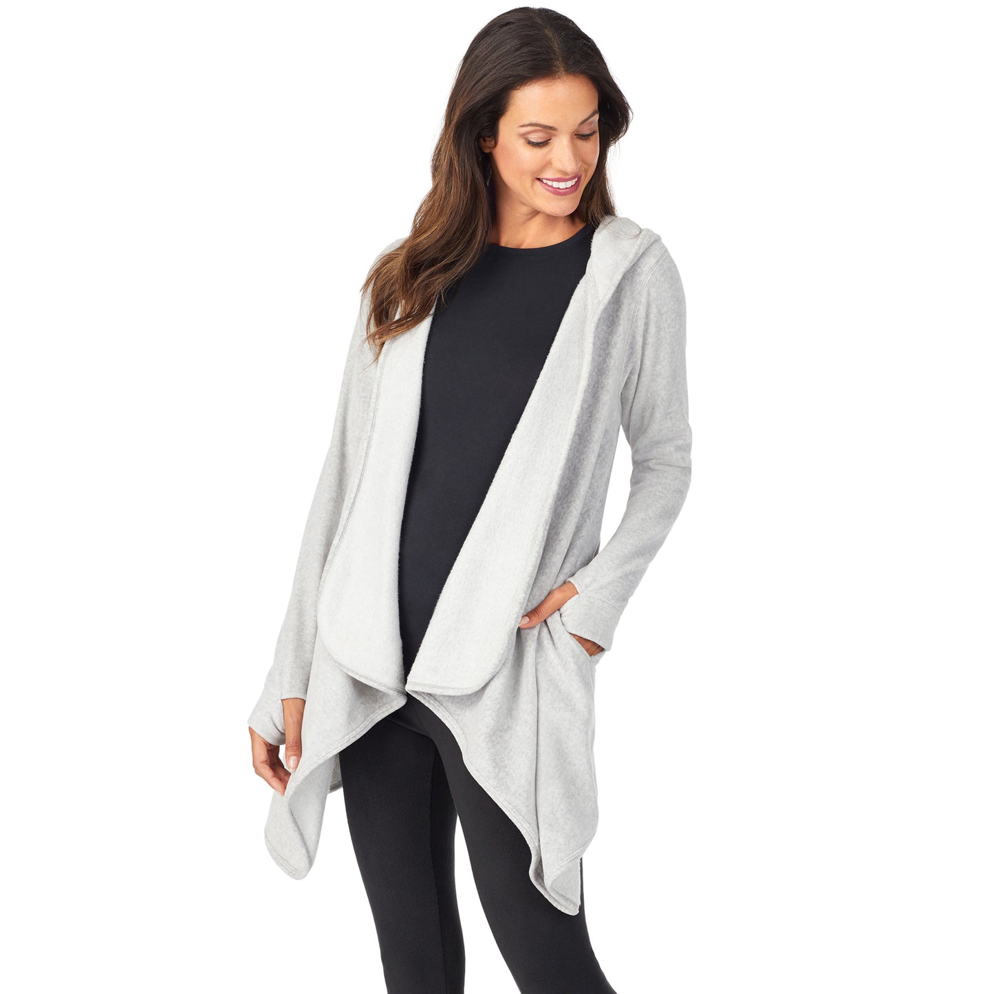 Light Grey Heather; Model is wearing size S. She is 5’9”, Bust 32”, Waist 25”, Hips 35”.@Upper body of a lady wearing long sleeve light grey hooded wrap !59% Polyester, 35% Recycled Polyester, 6% Spandex!