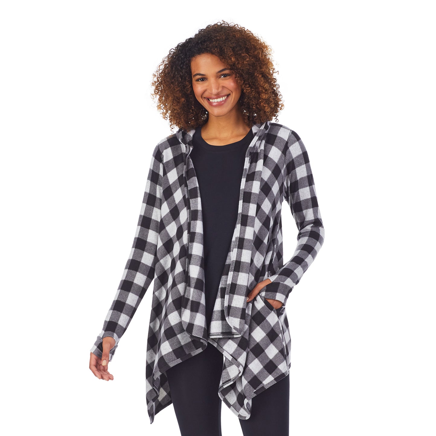 Grey Buffalo Check; Model is wearing size S. She is 5'11", Bust 32", Waist 25", Hips 35".@Upper body of a lady wearing long sleeve grey buffalo hooded wrap !59% Polyester, 35% Recycled Polyester, 6% Spandex!