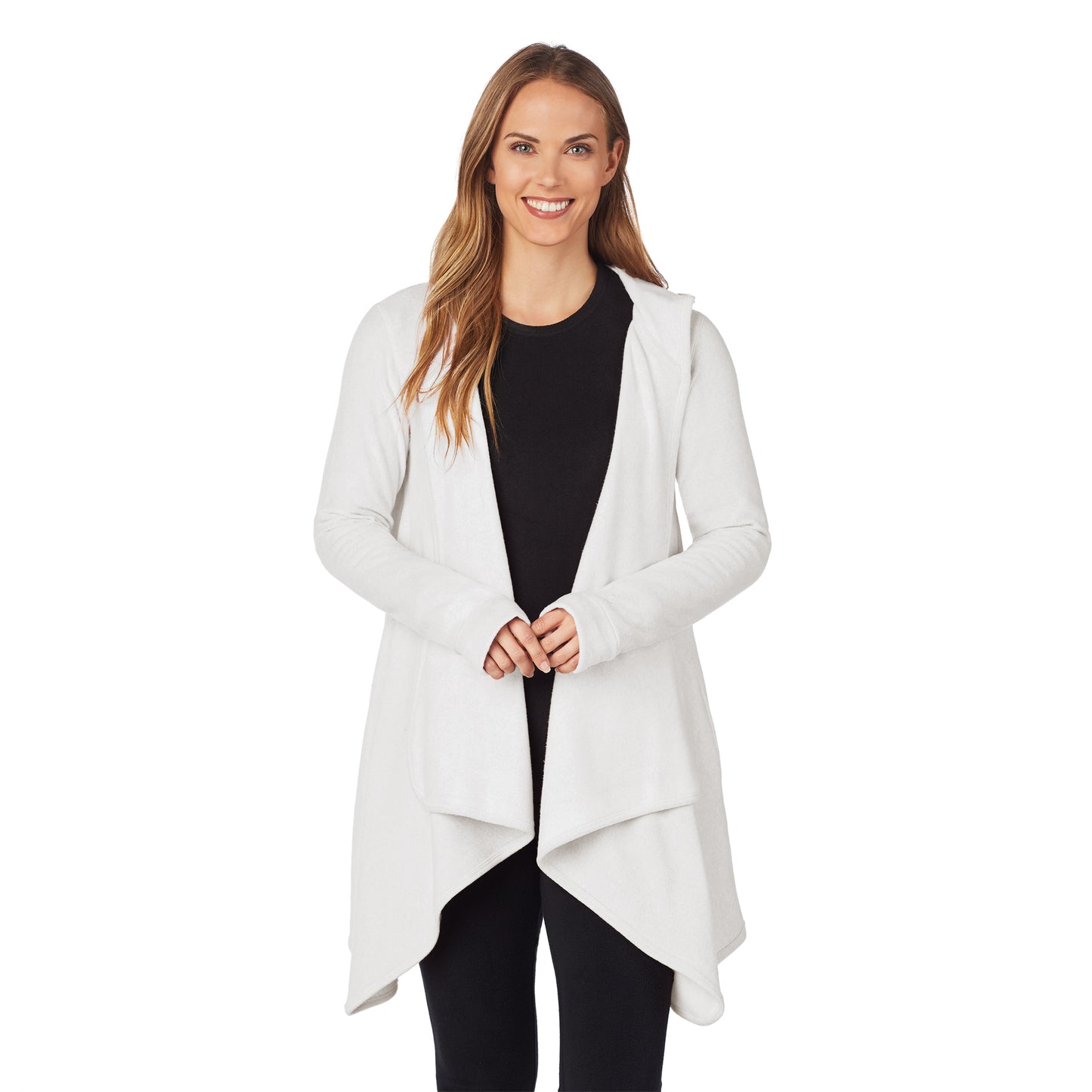 Off White; Model is wearing size S. She is 5’9”, Bust 32”, Waist 25.5”, Hips 36”.@Upper body of a lady wearing long sleeve white hooded wrap !59% Polyester, 35% Recycled Polyester, 6% Spandex!
