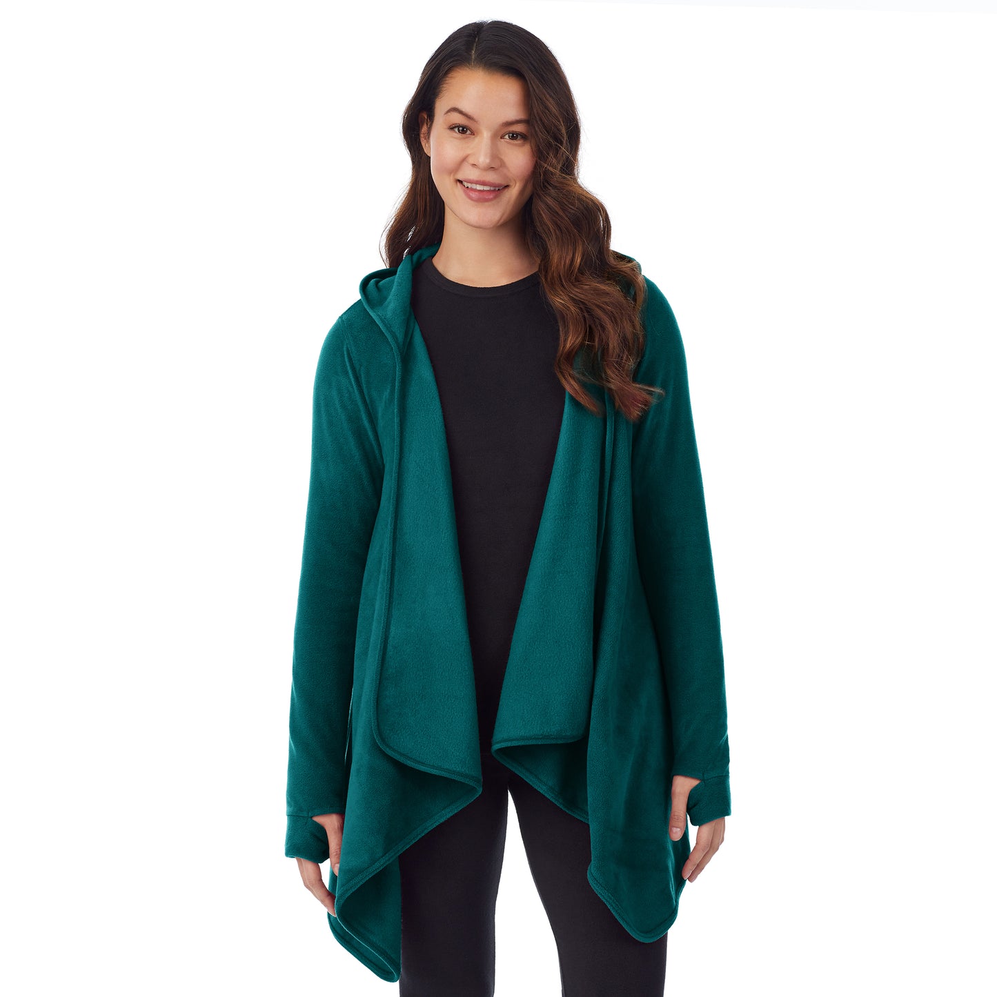 Viridian Green; Model is wearing size S. She is 5’9”, Bust 34”, Waist 25”, Hips 35”.@Upper body of a lady wearing long sleeve green hooded wrap !59% Polyester, 35% Recycled Polyester, 6% Spandex!