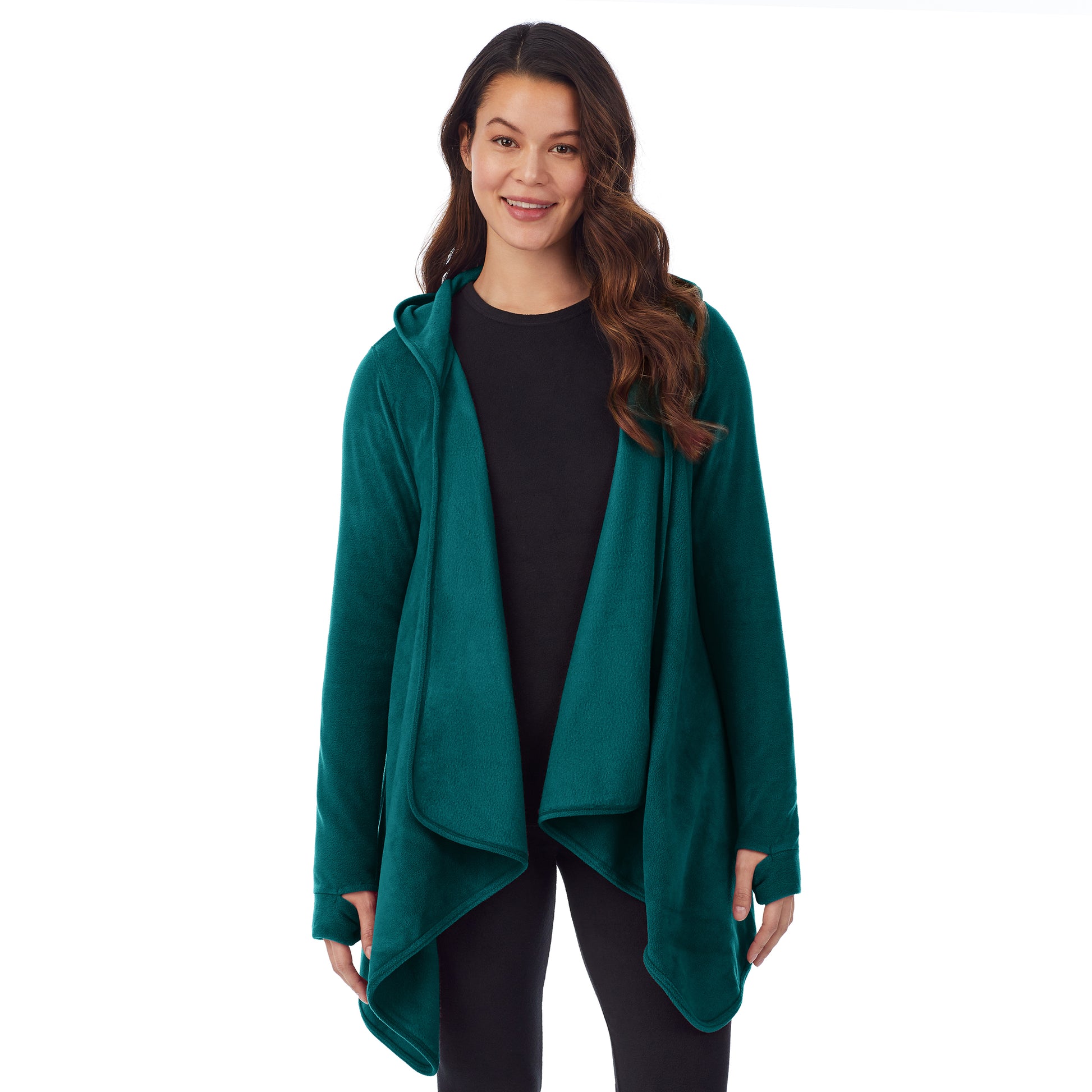 Upper body of a lady wearing long sleeve green hooded wrap