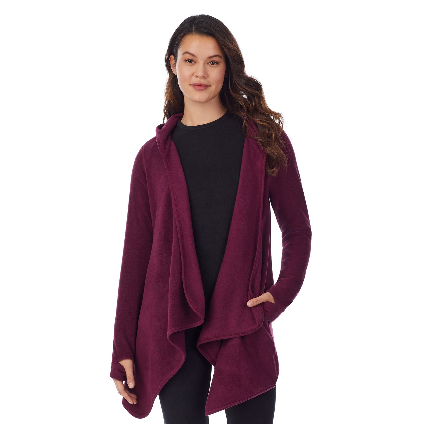 Grape; Model is wearing size S. She is 5’9”, Bust 34”, Waist 25”, Hips 35”.@Upper body of a lady wearing long sleeve grape hooded wrap !59% Polyester, 35% Recycled Polyester, 6% Spandex!