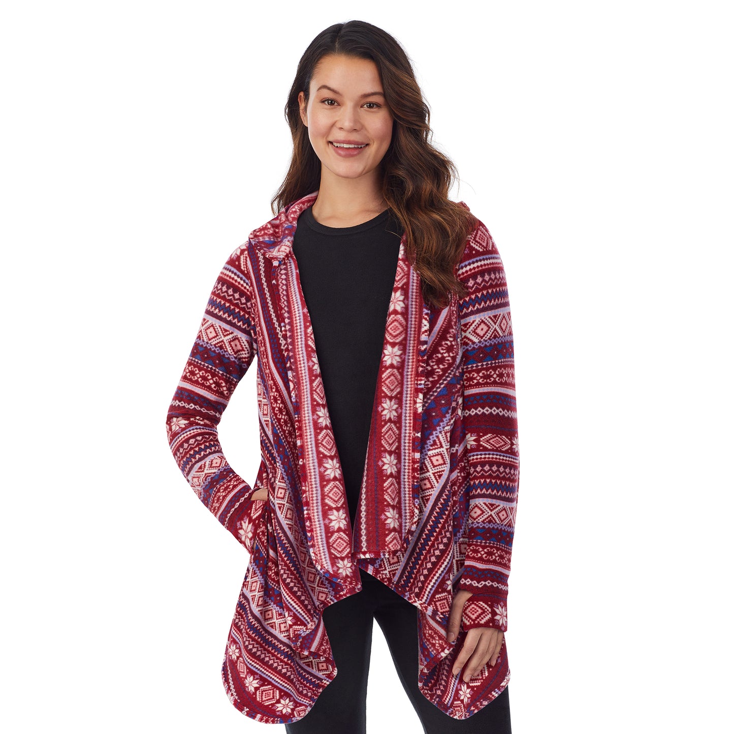 Rhubarb Multi Fairisle; Model is wearing size S. She is 5’9”, Bust 34”, Waist 25”, Hips 35”.@Upper body of a lady wearing long sleeve red multi fairisle hooded wrap !59% Polyester, 35% Recycled Polyester, 6% Spandex!