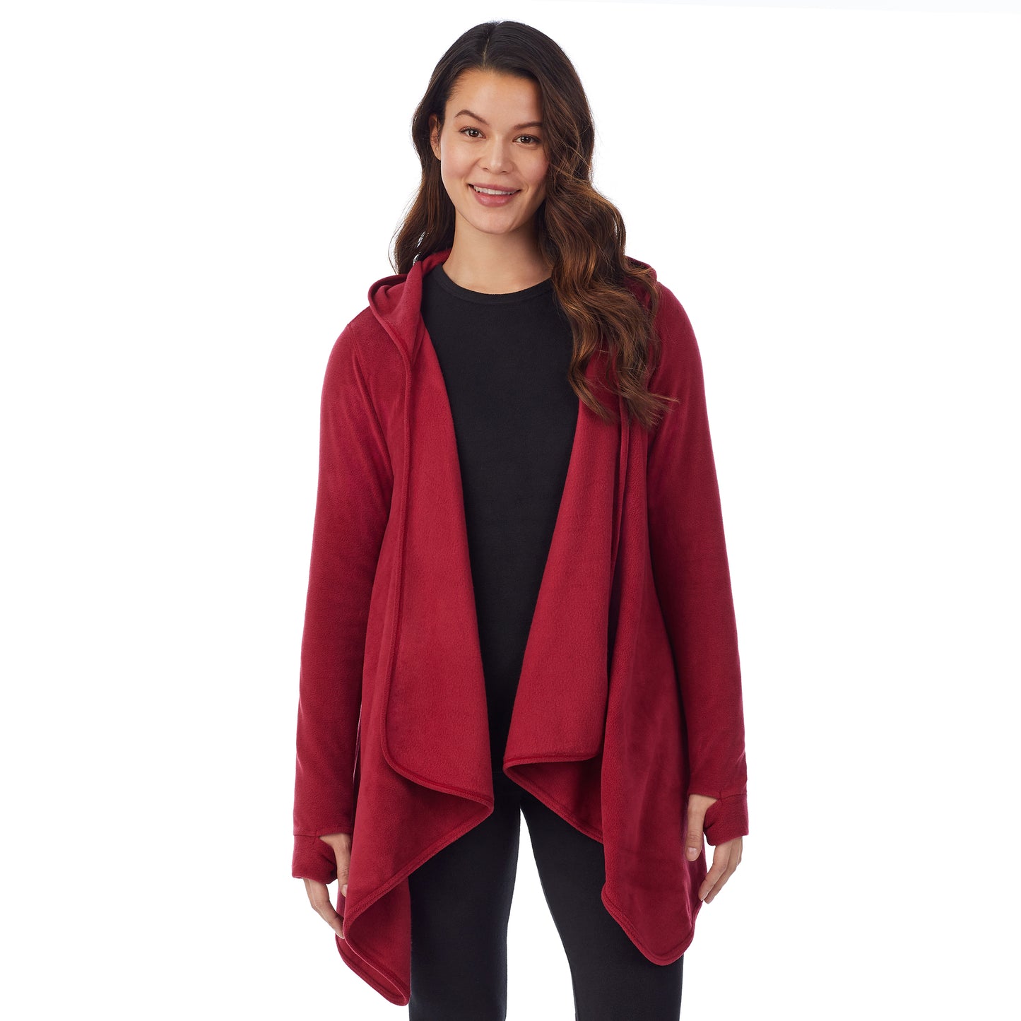 Rhubarb; Model is wearing size S. She is 5’9”, Bust 34”, Waist 25”, Hips 35”.@Upper body of a lady wearing long sleeve red hooded wrap !59% Polyester, 35% Recycled Polyester, 6% Spandex!