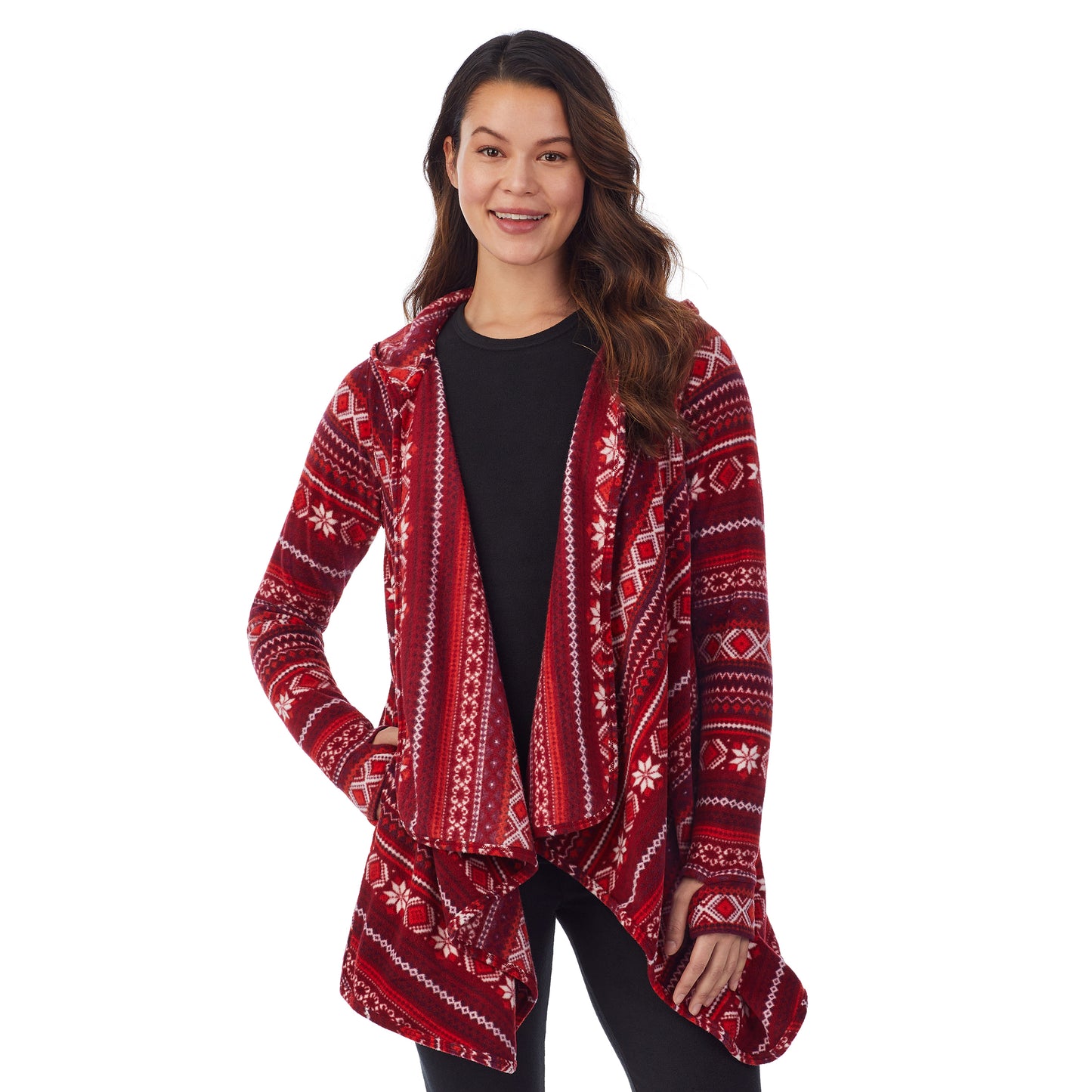 Rhubarb Fair Isle;Model is wearing size S. She is 5’9”, Bust 34”, Waist 25”, Hips 35”.@Upper body of a lady wearing long sleeve red fairisle hooded wrap !59% Polyester, 35% Recycled Polyester, 6% Spandex!