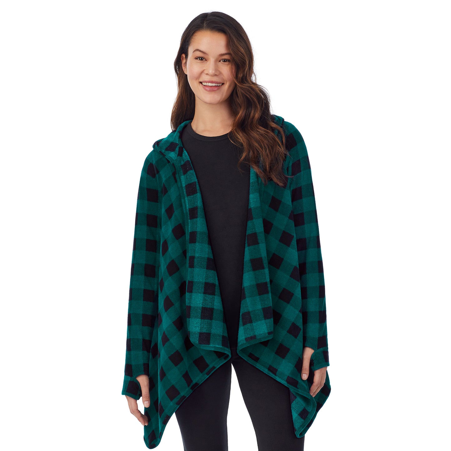 Green Buffalo; Model is wearing size S. She is 5’9”, Bust 34”, Waist 25”, Hips 35”.@Upper body of a lady wearing long sleeve green buffalo hooded wrap !59% Polyester, 35% Recycled Polyester, 6% Spandex!