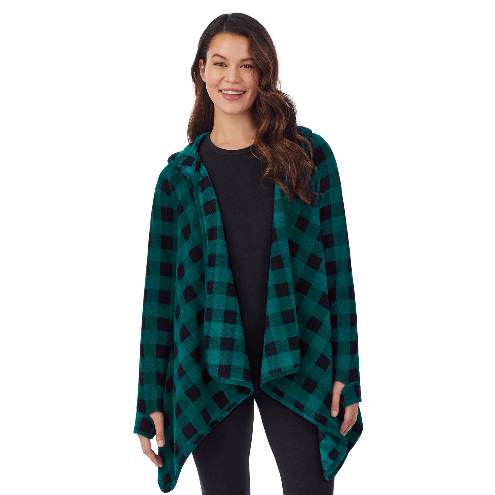 Upper body of a lady wearing long sleeve green buffalo hooded wrap