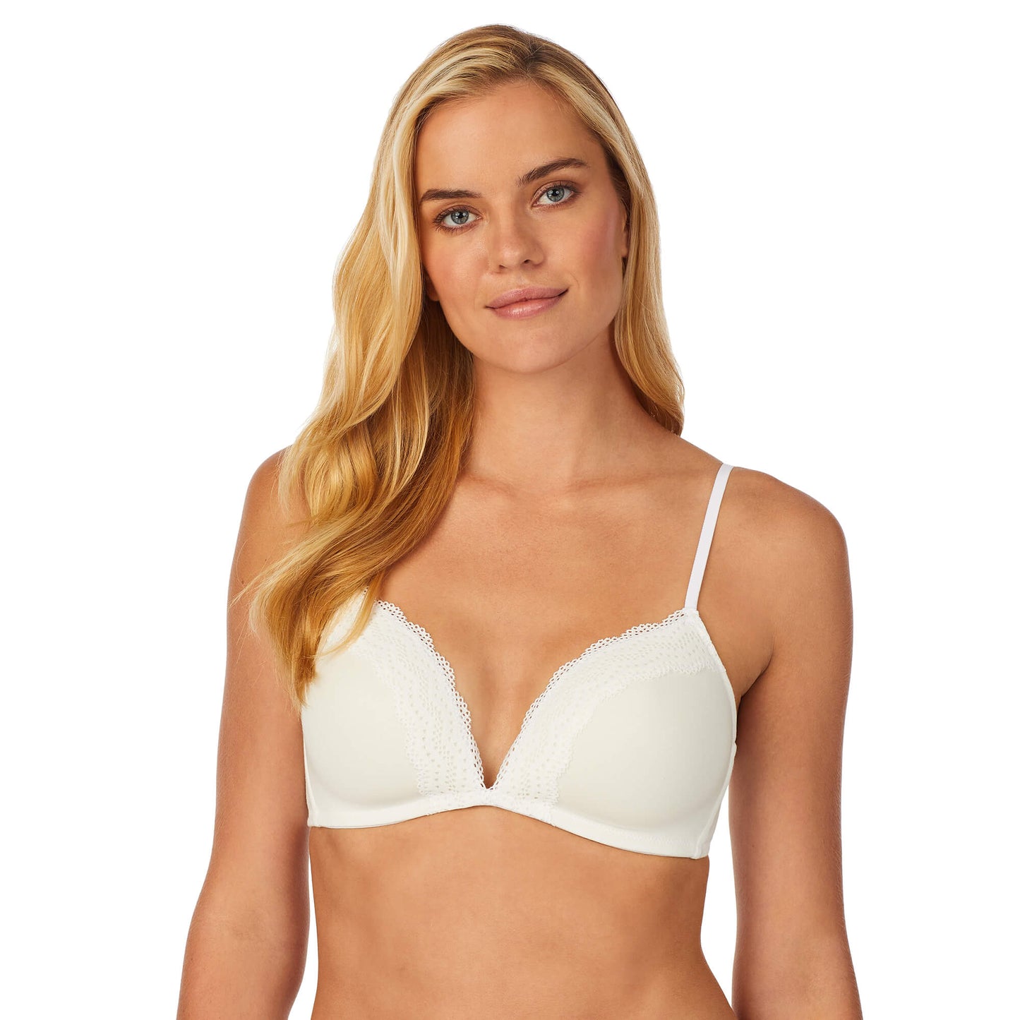 Whisper;Model is wearing a size S. She is 5' 10", Bust 34", Waist 26", Hips 38"@A lady wearing whisper comfy wire-free bra.