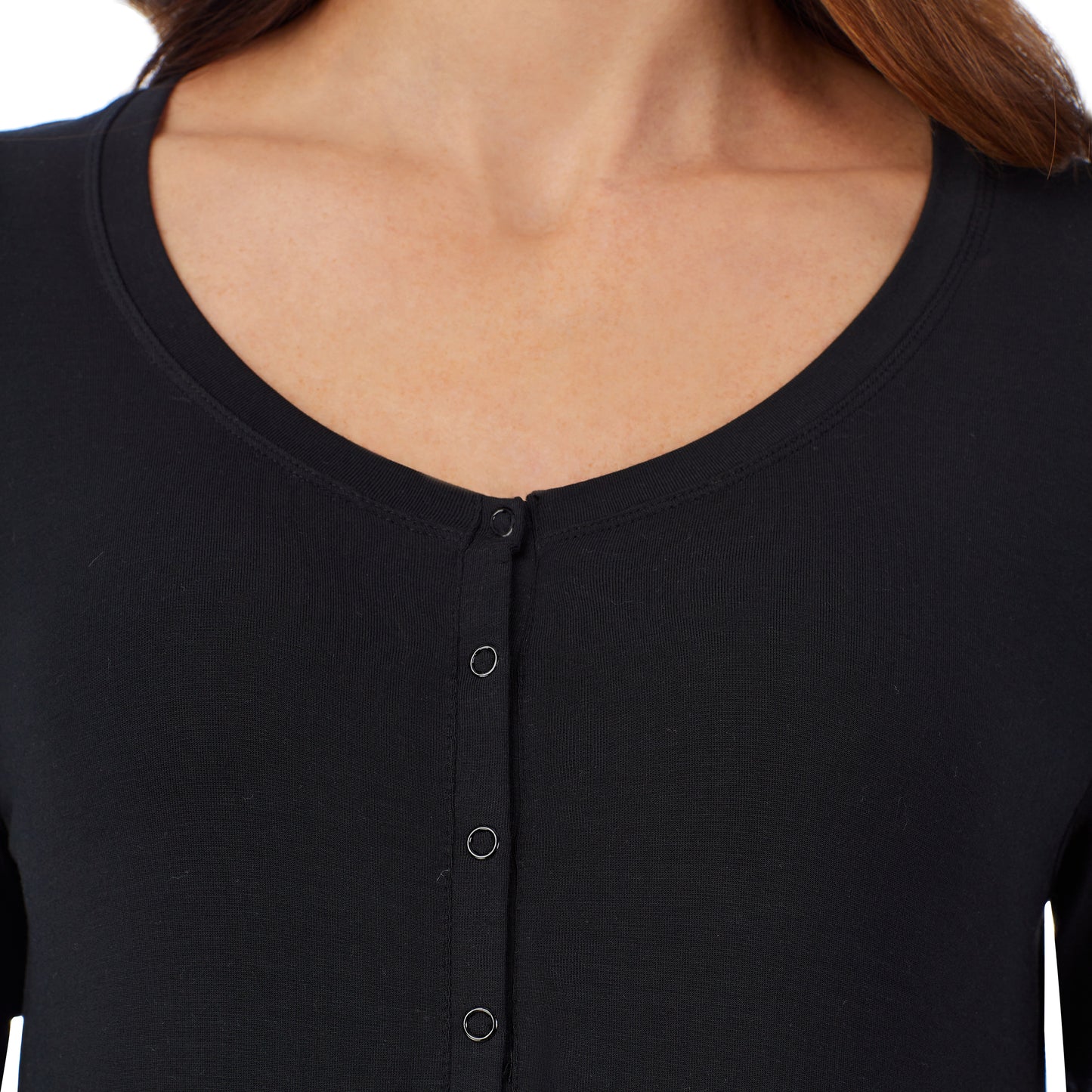 Black; Model is wearing size S. She is 5’9”, Bust 34”, Waist 24.5”, Hips 36.5”. @A lady wearing a black long sleeve maternity snap front henley top. #Model is wearing a maternity bump.