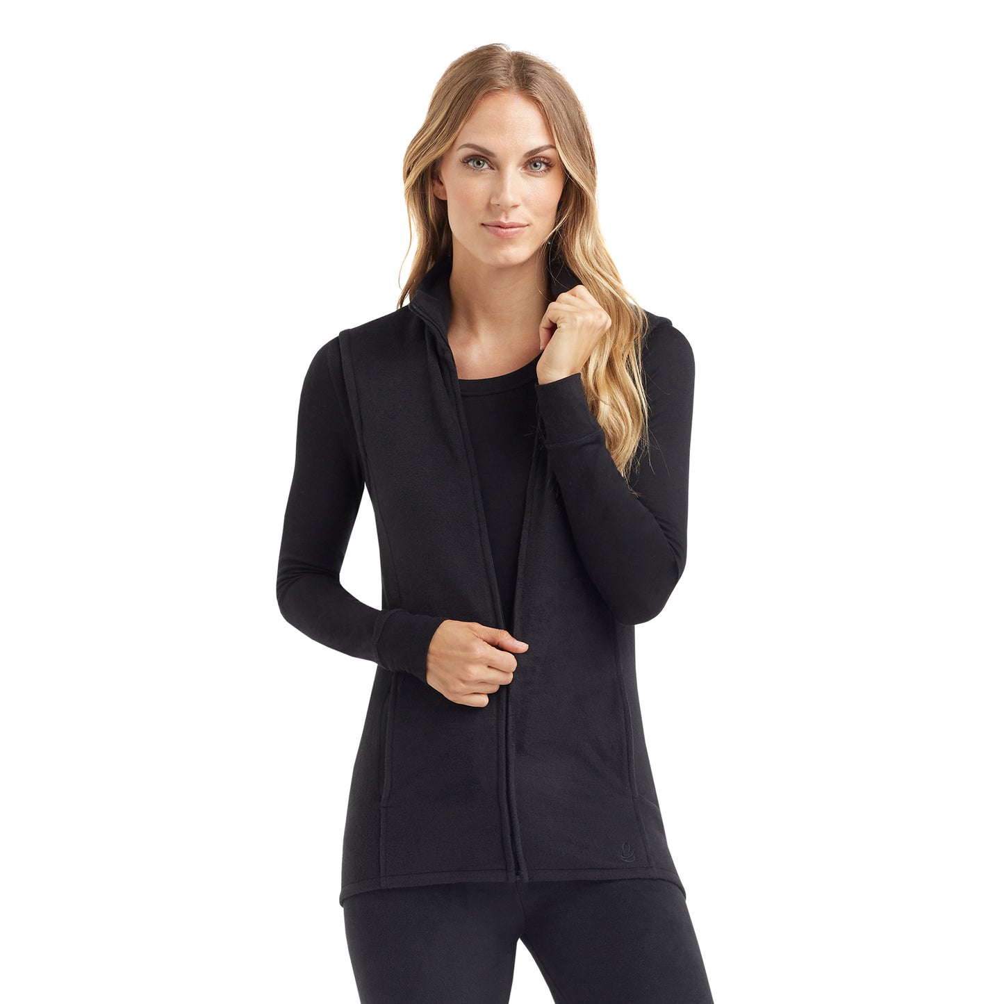 Black; Model is wearing size S. She is 5’9”, Bust 32”, Waist 25.5”, Hips 36”.@upper body of A lady wearing black full zip vest !59% Polyester, 35% Recycled Polyester, 6% Spandex!