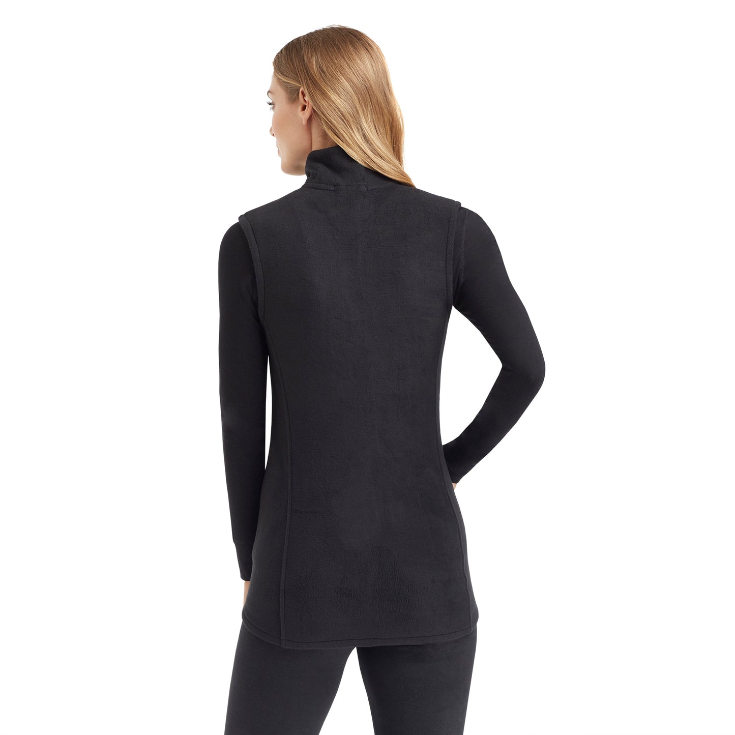Black; Model is wearing size S. She is 5’9”, Bust 32”, Waist 25.5”, Hips 36”.@upper body of A lady wearing black full zip vest !59% Polyester, 35% Recycled Polyester, 6% Spandex!