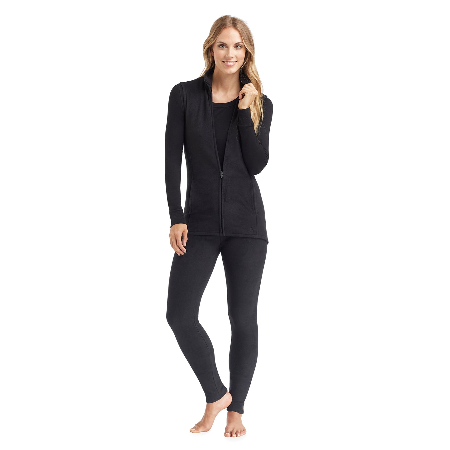 Black; Model is wearing size S. She is 5’9”, Bust 32”, Waist 25.5”, Hips 36”.@A lady wearing black full zip vest !59% Polyester, 35% Recycled Polyester, 6% Spandex!