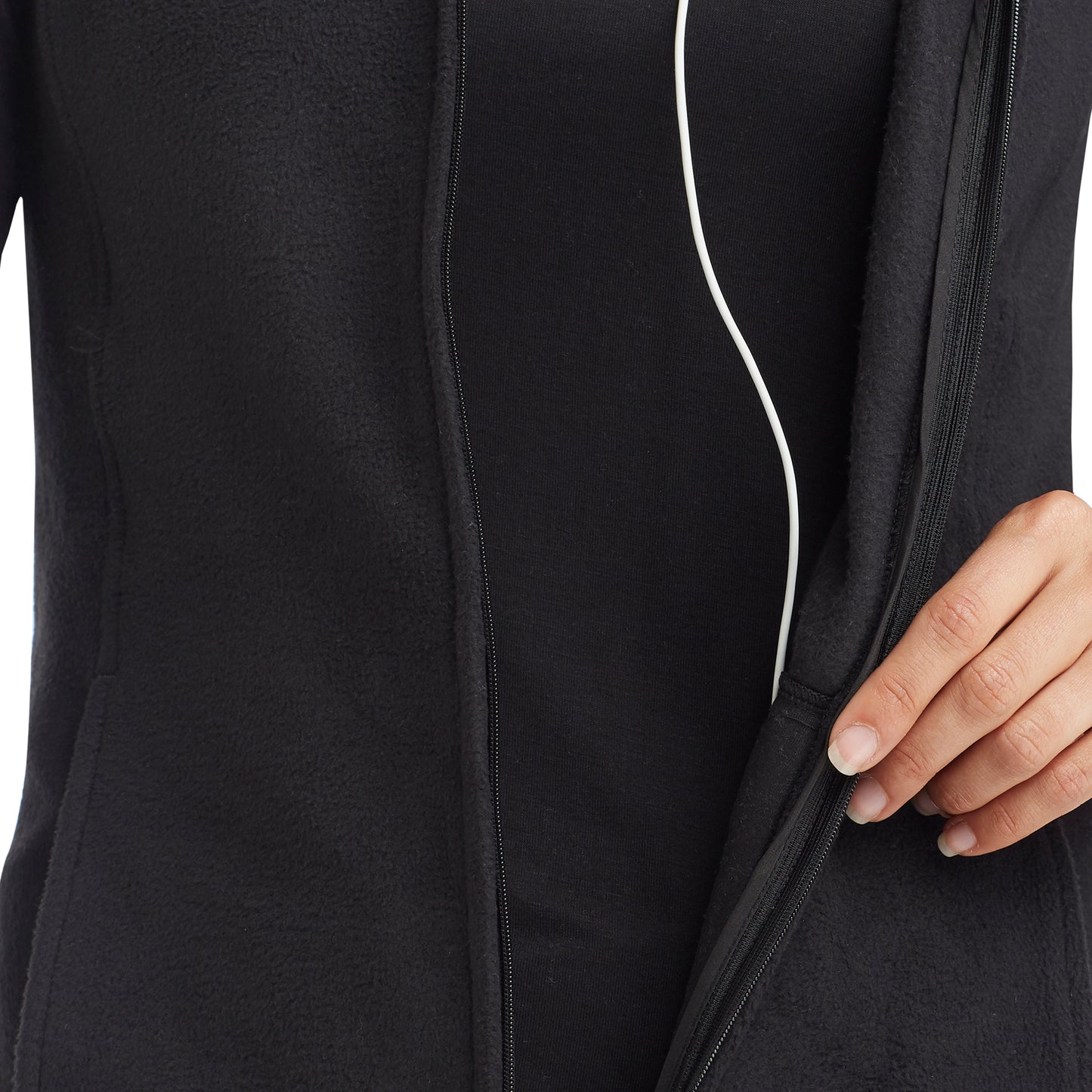 Black; Model is wearing size S. She is 5’9”, Bust 32”, Waist 25.5”, Hips 36”.@upper body of A lady wearing black full zip vest !59% Polyester, 35% Recycled Polyester, 6% Spandex!