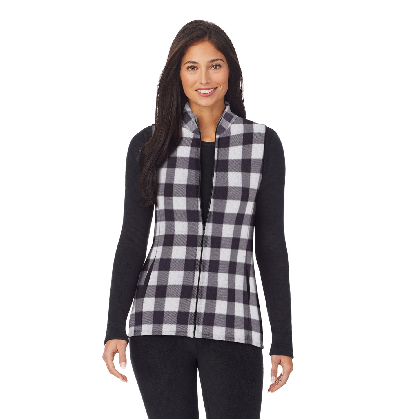 Grey Buffalo Check; Model is wearing size S. She is 5'8.5", Bust 32", Waist 25", Hips 36".@upper body of A lady wearing grey full zip vest with buffalo print !59% Polyester, 35% Recycled Polyester, 6% Spandex!