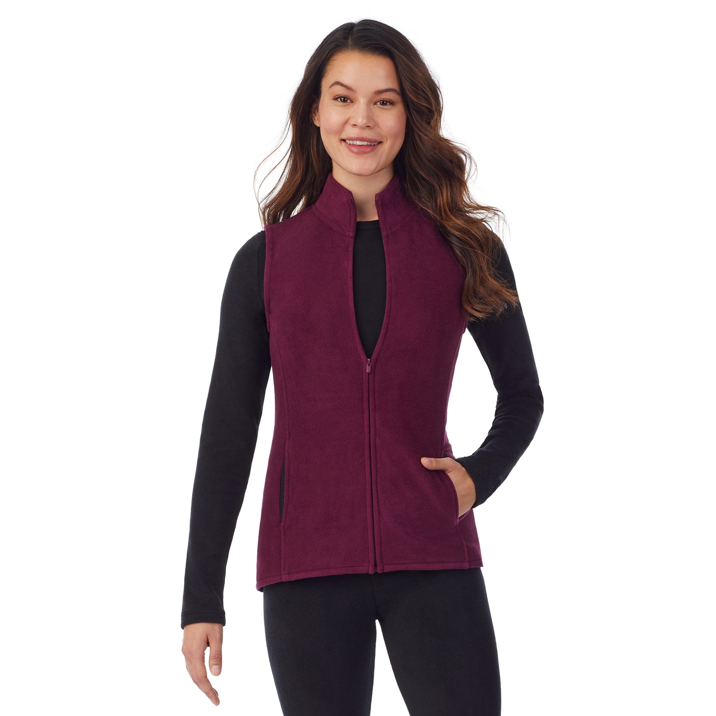 Grape; Model is wearing size S. She is 5’9”, Bust 34”, Waist 25”, Hips 35”.@upper body of A lady wearing grape full zip vest !59% Polyester, 35% Recycled Polyester, 6% Spandex!
