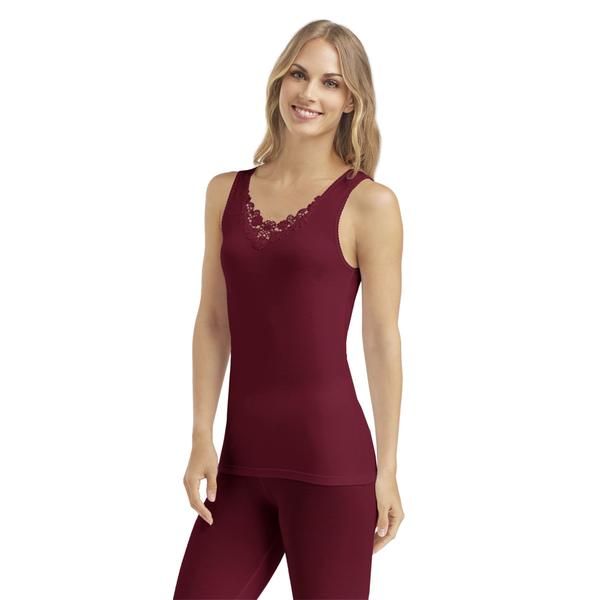 A lady wearing wine softech venice lace detail cami.