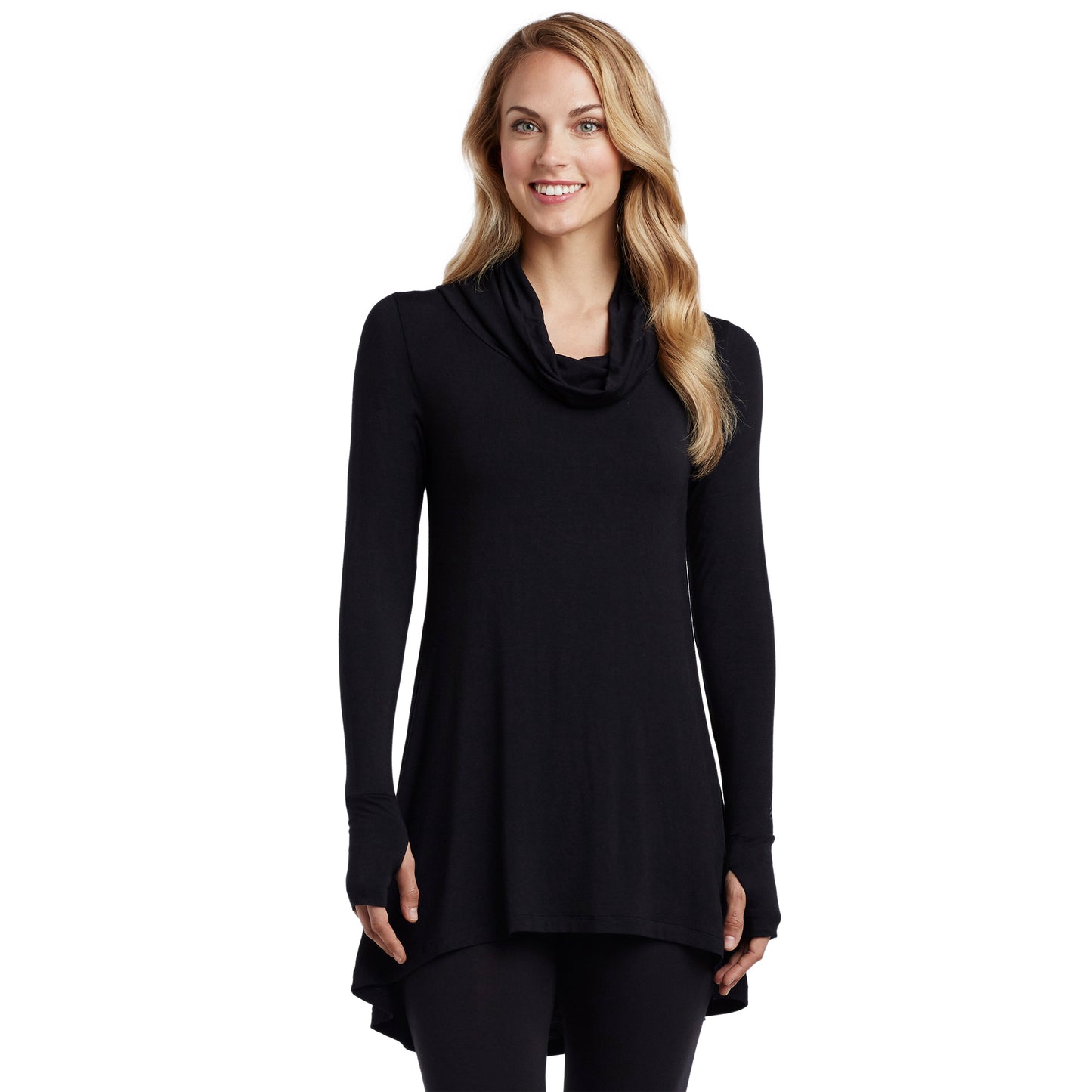 Black; Model is wearing size S. She is 5’9”, Bust 32”, Waist 25.5”, Hips 36”. @A lady wearing a black long sleeve stretch cowl tunic.