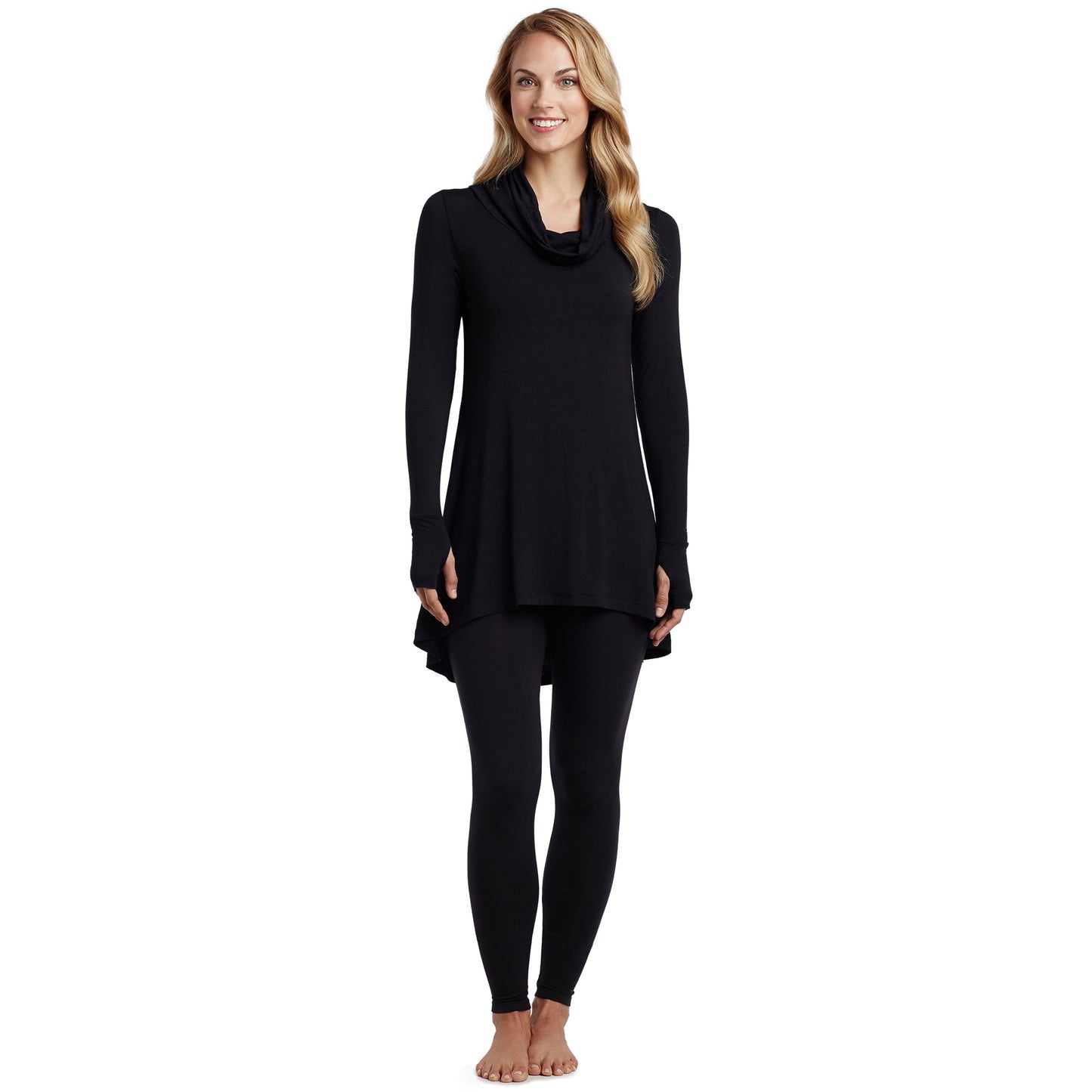 Black; Model is wearing size S. She is 5’9”, Bust 32”, Waist 25.5”, Hips 36”. @A lady wearing a black long sleeve stretch cowl tunic.