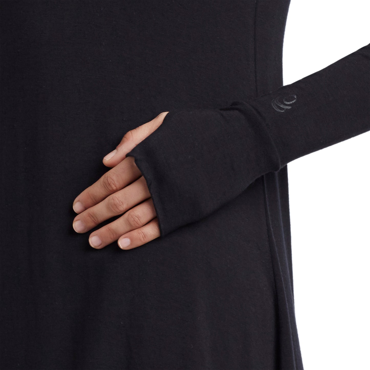 Black; Model is wearing size S. She is 5’9”, Bust 32”, Waist 25.5”, Hips 36”. @A lady wearing a black long sleeve stretch cowl tunic.