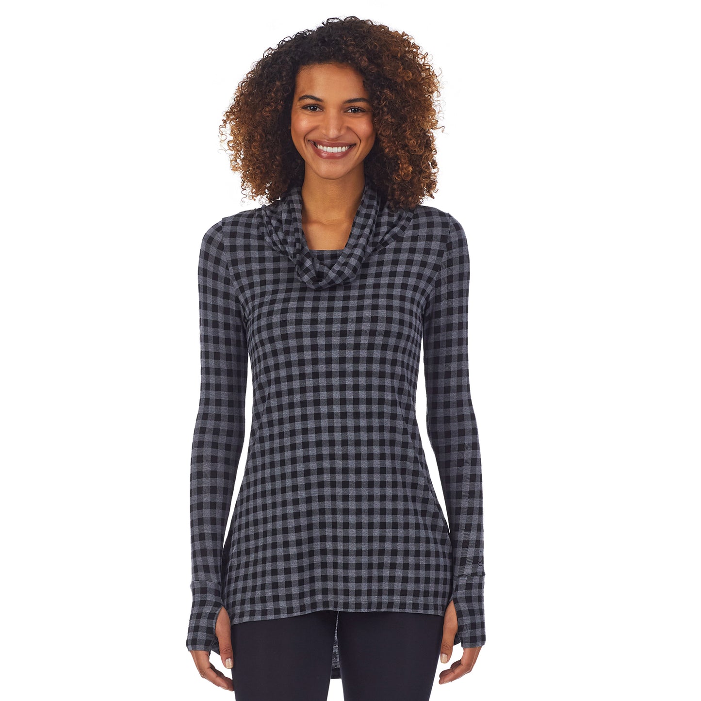 Tonal Buffalo; Model is wearing size S. She is 5'11", Bust 32", Waist 25", Hips 35". @A lady wearing a tonal buffalo long sleeve stretch cowl tunic.