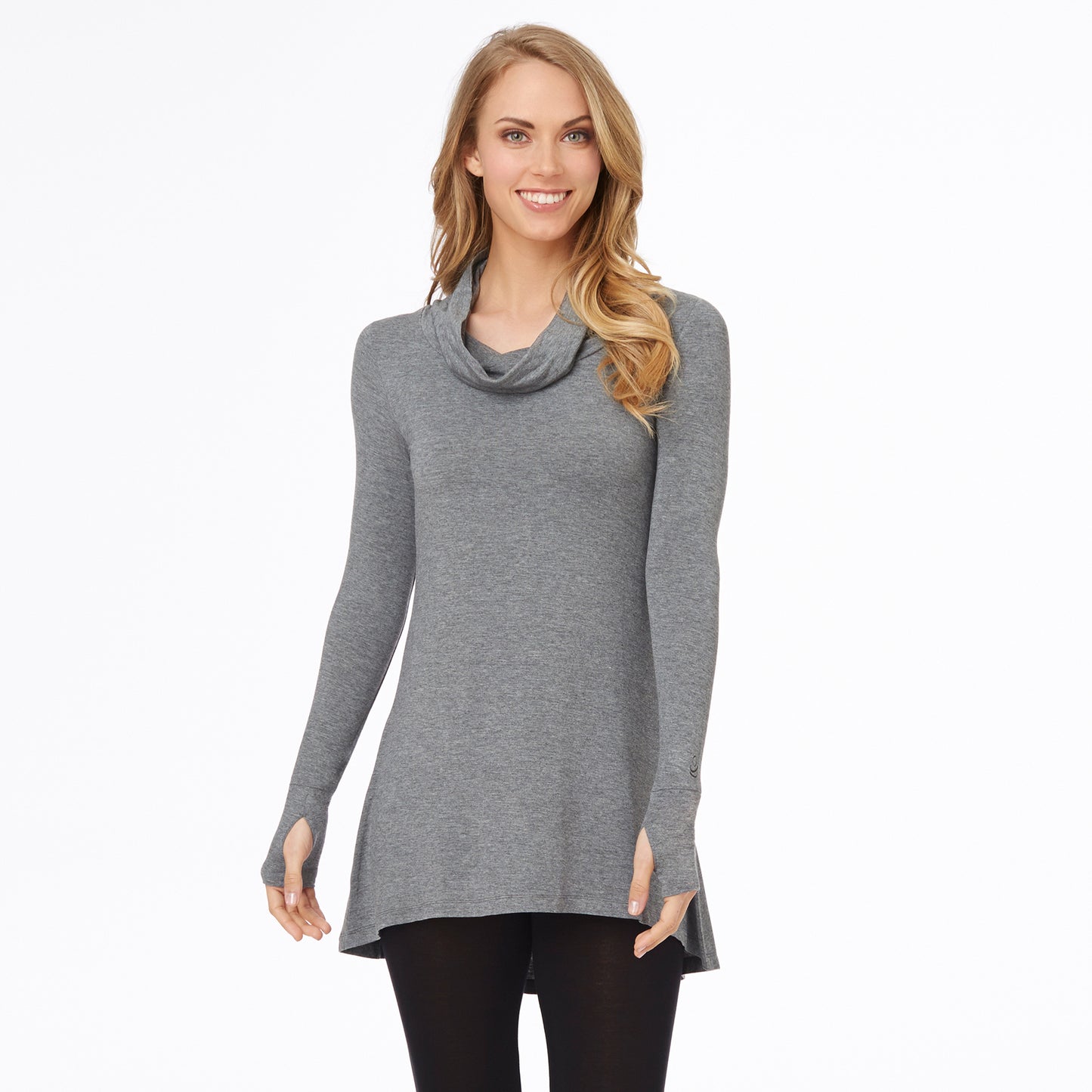 Charcoal Heather; Model is wearing size S. She is 5’9”, Bust 32”, Waist 25.5”, Hips 36”. @A lady wearing a charcoal heather long sleeve stretch cowl tunic.