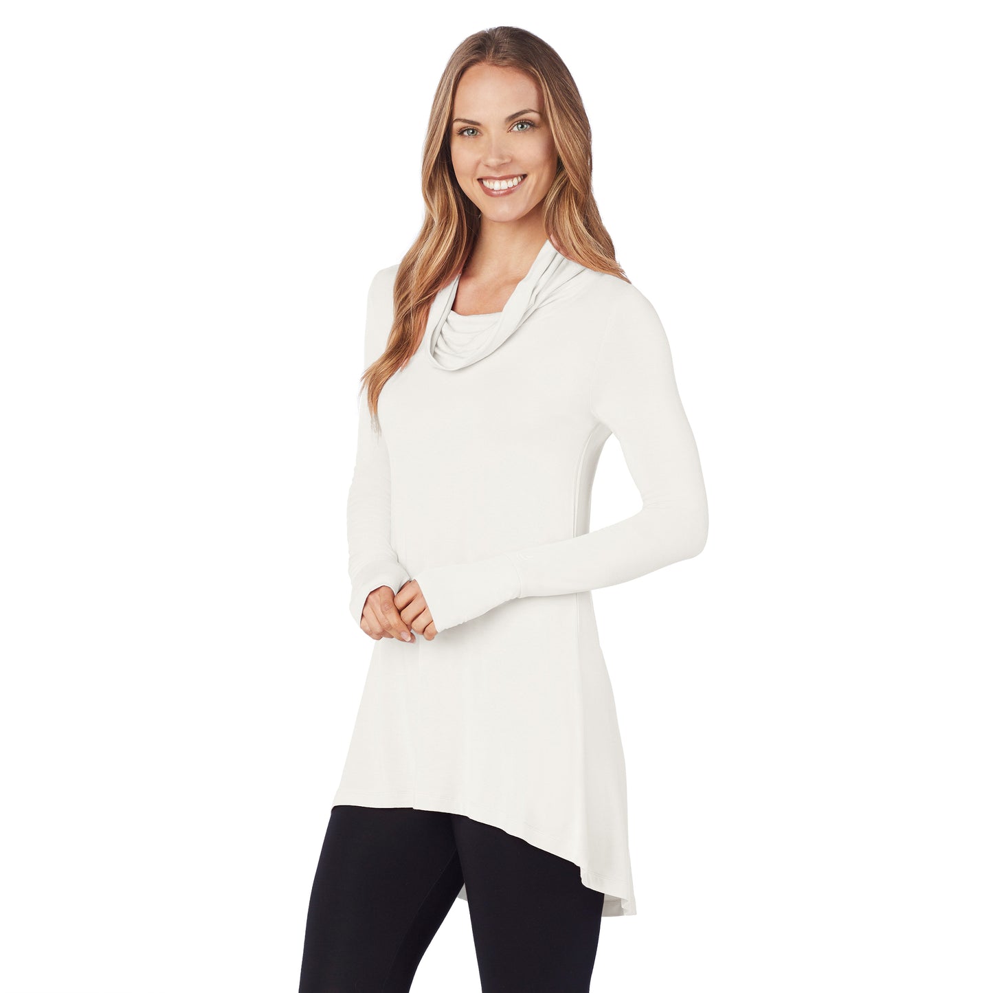 Ivory; Model is wearing size S. She is 5’9”, Bust 32”, Waist 25.5”, Hips 36”. @A lady wearing a ivory long sleeve stretch cowl tunic.