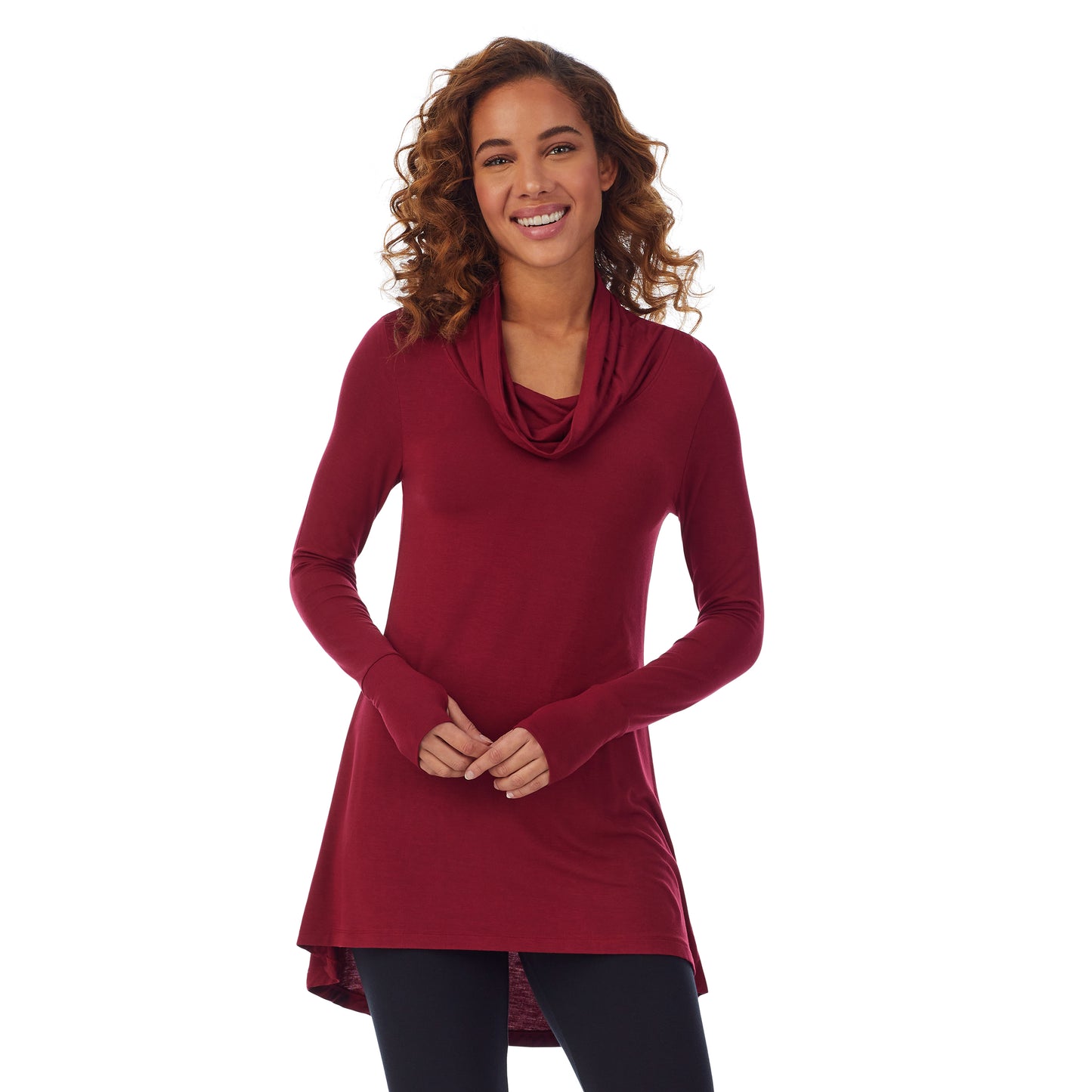 Rhubarb; Model is wearing size S. She is 5’9”, Bust 34”, Waist 23”, Hips 35”. @A lady wearing a rhubarb long sleeve stretch cowl tunic.