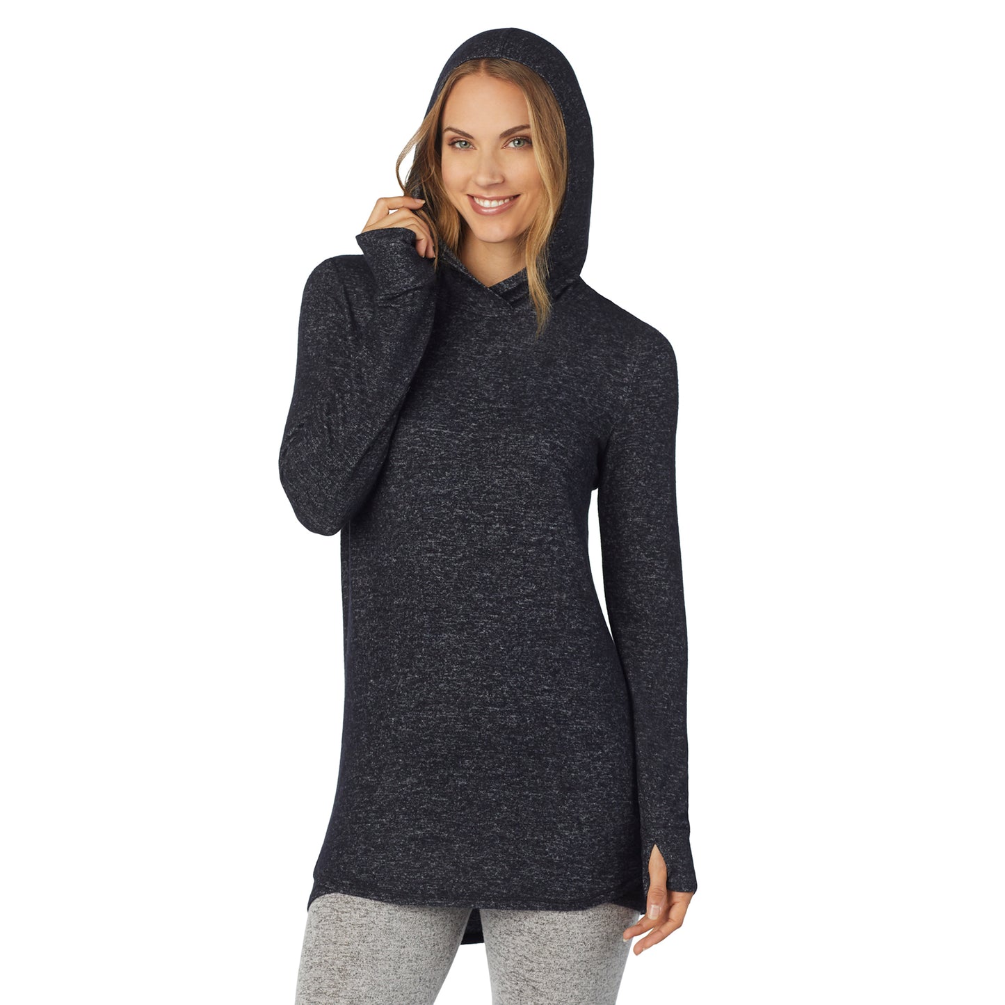Marled Dark Charcoal; Model is wearing size S. She is 5’9”, Bust 32”, Waist 25.5”, Hips 36”. @A lady wearing a marled dark charcoal long sleeve tunic hoodie.