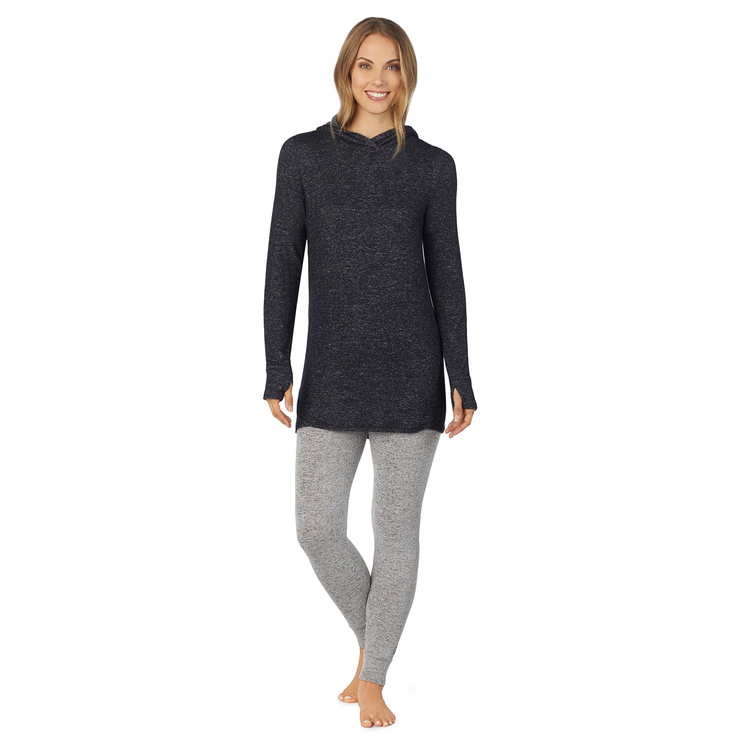 Marled Dark Charcoal; Model is wearing size S. She is 5’9”, Bust 32”, Waist 25.5”, Hips 36”. @A lady wearing a marled dark charcoal long sleeve tunic hoodie.