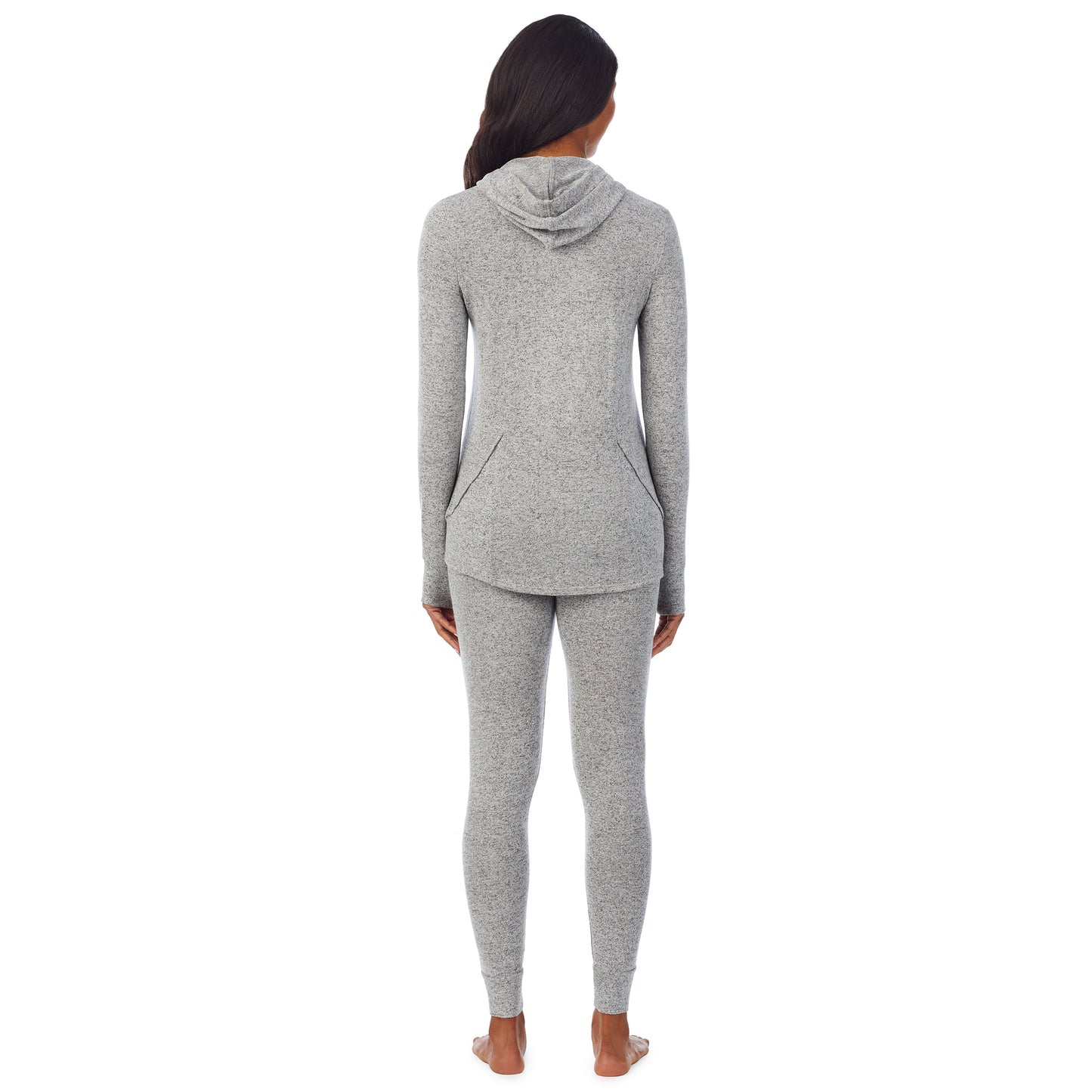 Marled Grey; Model is wearing size S. She is 5’10”, Bust 34”, Waist 24”, Hips 34”. @A lady wearing a marled grey long sleeve tunic hoodie.