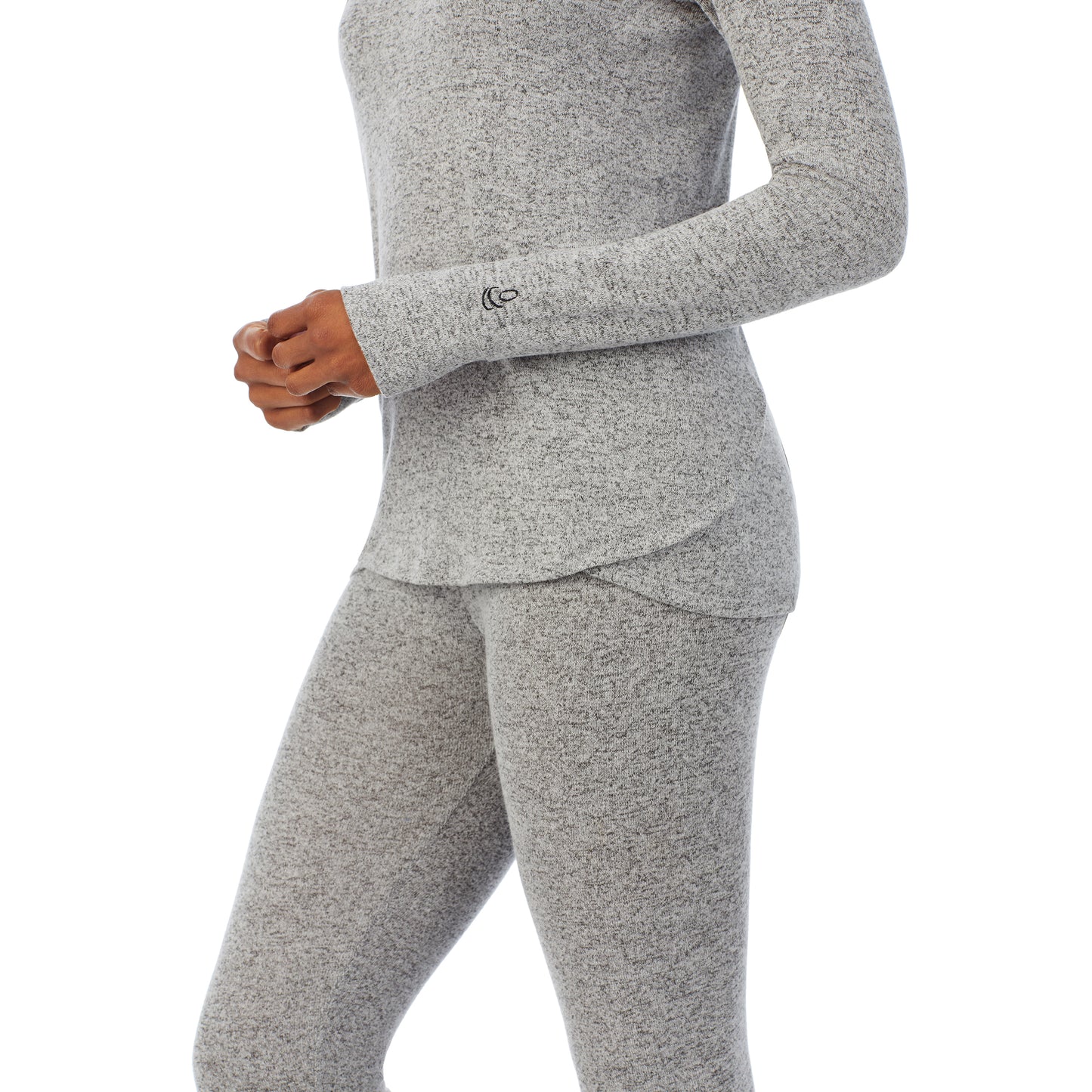 Marled Grey; Model is wearing size S. She is 5’10”, Bust 34”, Waist 24”, Hips 34”. @A lady wearing a marled grey long sleeve tunic hoodie.