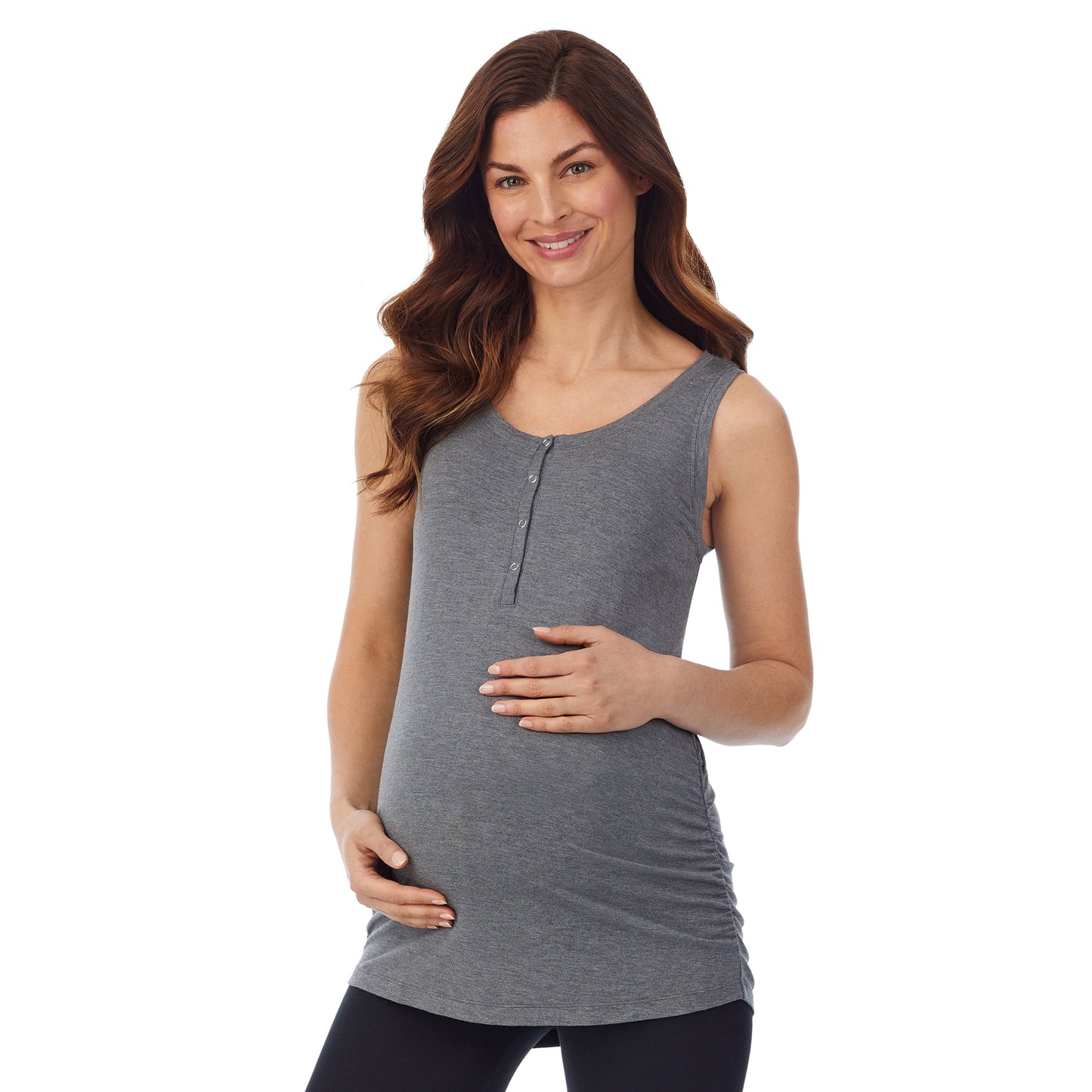 Charcoal Heather; Model is wearing size S. She is 5’9”, Bust 34”, Waist 24.5”, Hips 36.5”. @A lady wearing a charcoal heather sleeveless maternity snap front henley tank top. #Model is wearing a maternity bump.