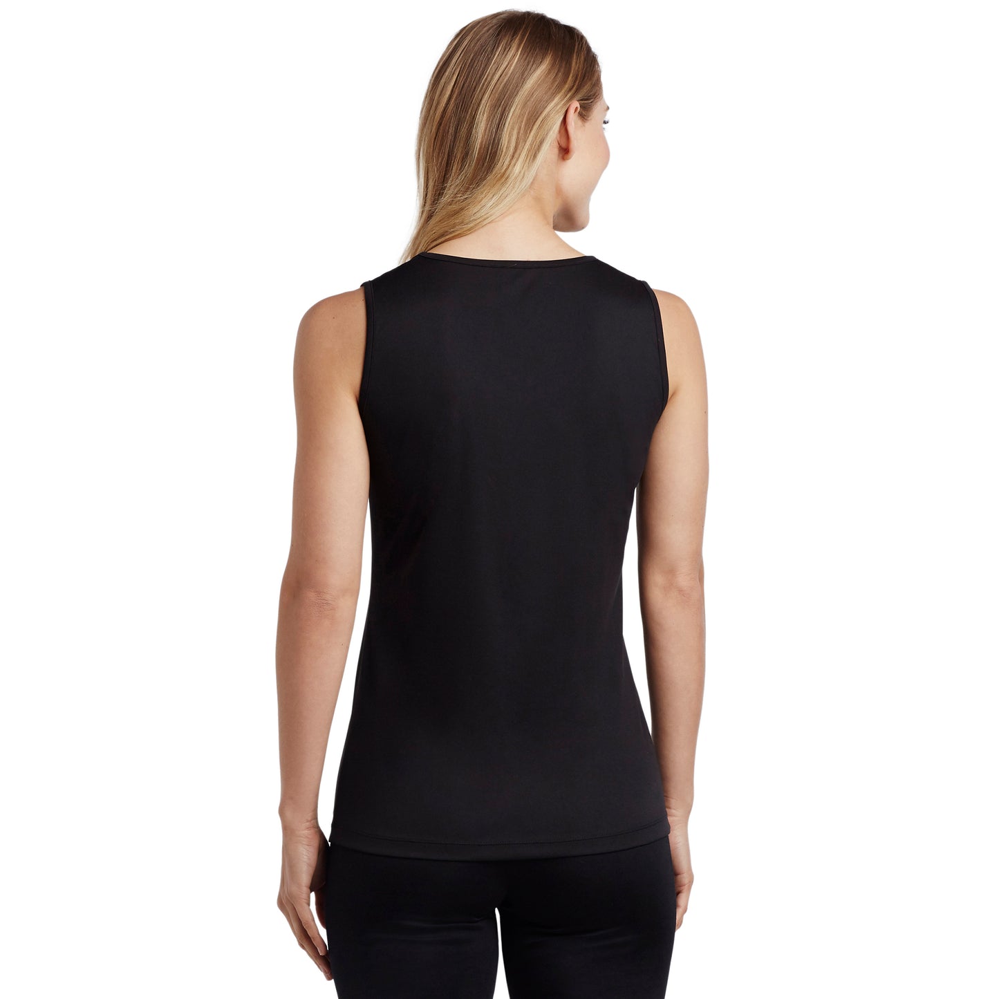 Black; Model is wearing size S. She is 5’9”, Bust 32”, Waist 25.5”, Hips 36”.@upper body of A lady wearing black v-neck tank top