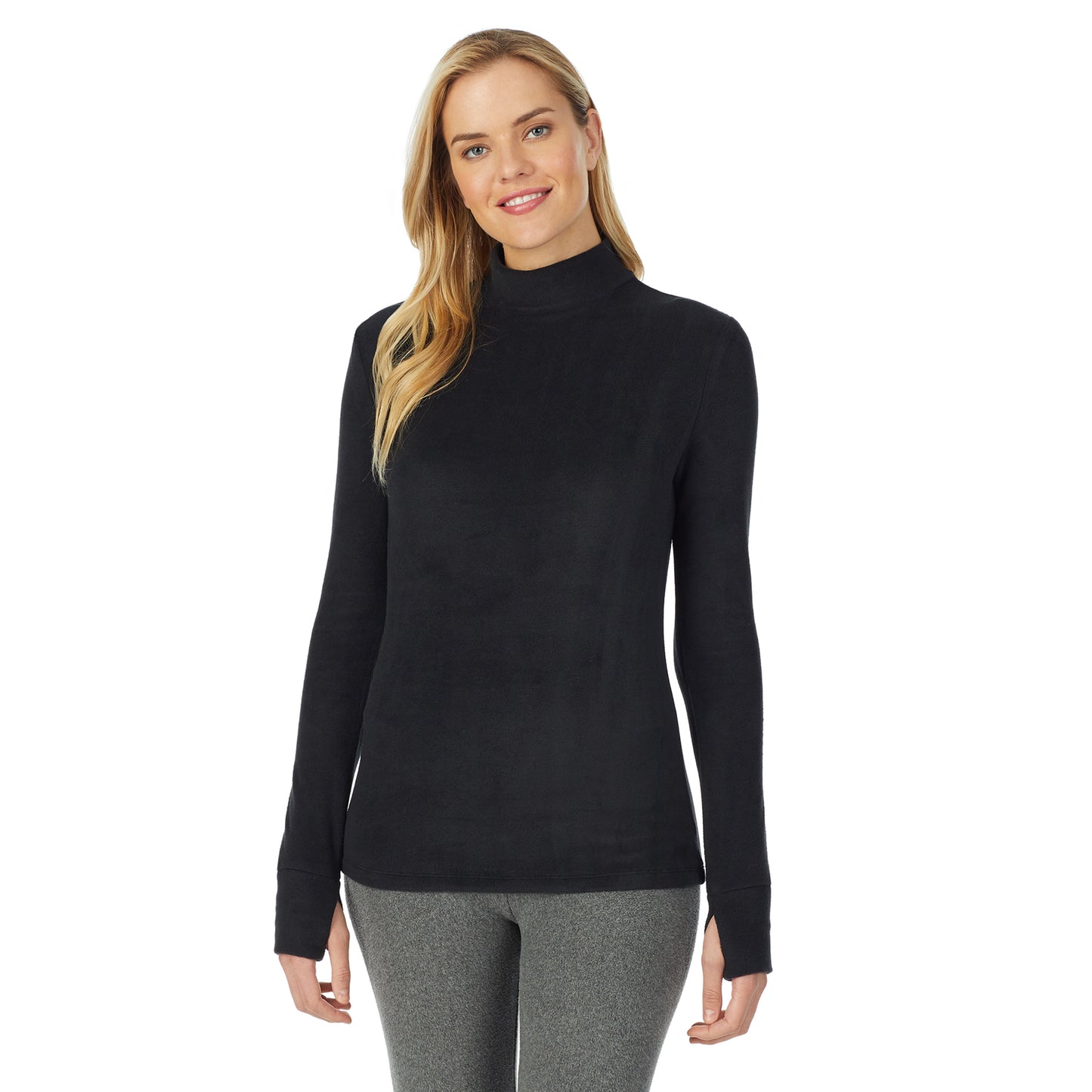 Black; Model is wearing size S. She is 5’10”, Bust 34”, Waist 26", Hips 38”.@upper body of a lady wearing black long sleeve mock neck