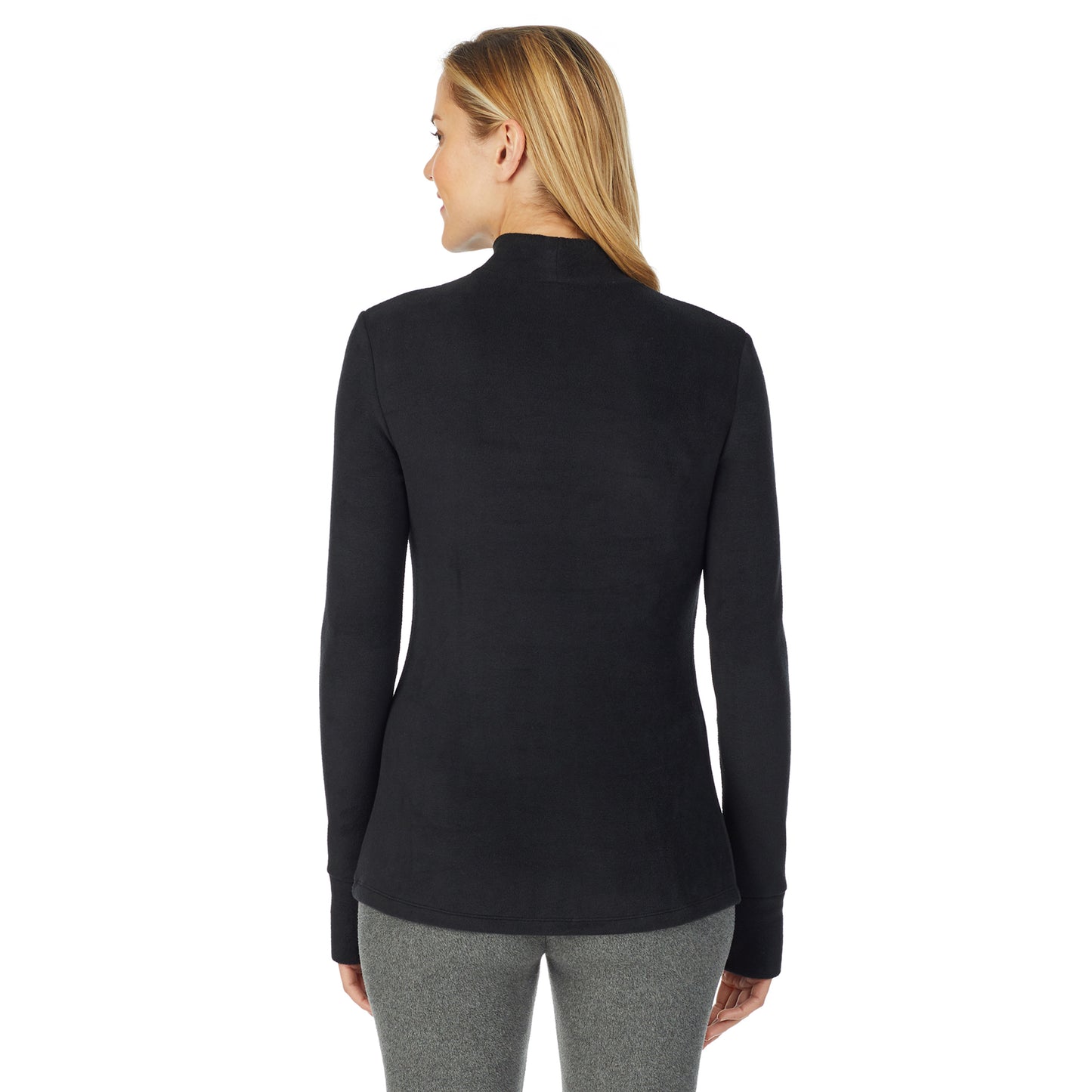 Black; Model is wearing size S. She is 5’10”, Bust 34”, Waist 26", Hips 38”.@upper body of a lady wearing black long sleeve mock neck