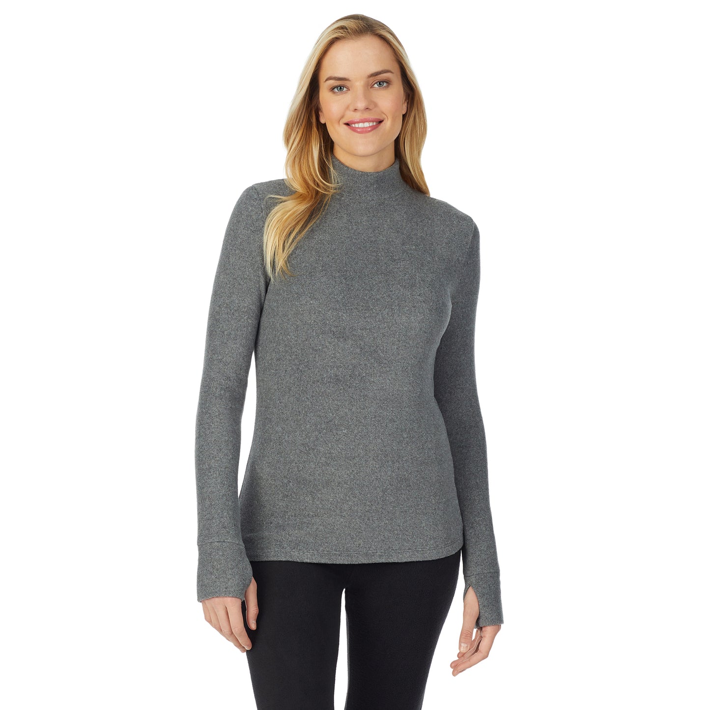 Charcoal Heather; Model is wearing size S. She is 5’10”, Bust 34”, Waist 26", Hips 38”. @upper body of a lady wearing grey long sleeve mock neck
