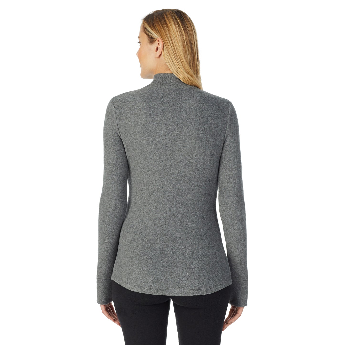 Charcoal Heather; Model is wearing size S. She is 5’10”, Bust 34”, Waist 26", Hips 38”. @upper body of a lady wearing grey long sleeve mock neck