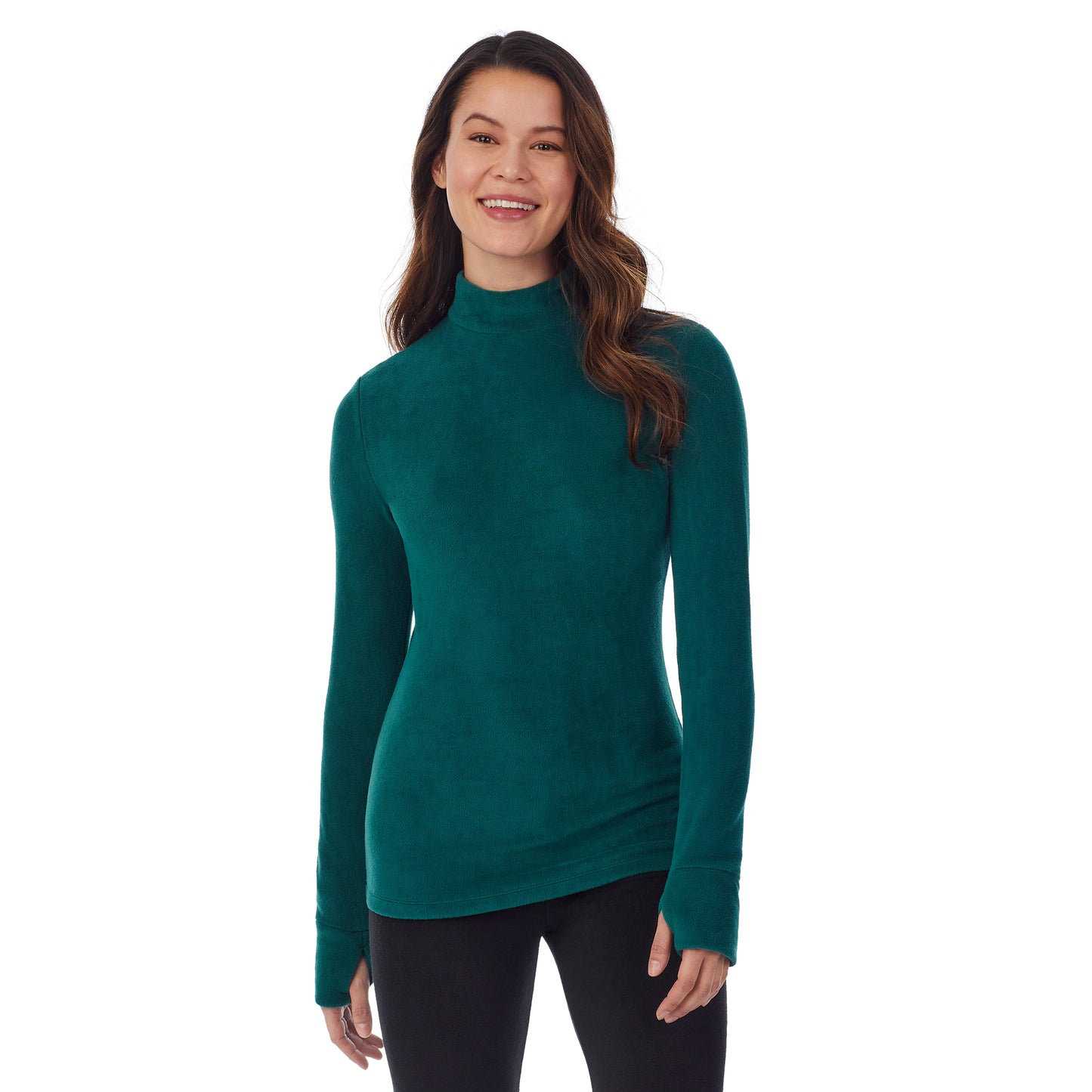 Viridian Green; Model is wearing size S. She is 5’9”, Bust 34”, Waist 25”, Hips 35”.@upper body of a lady wearing green long sleeve mock neck