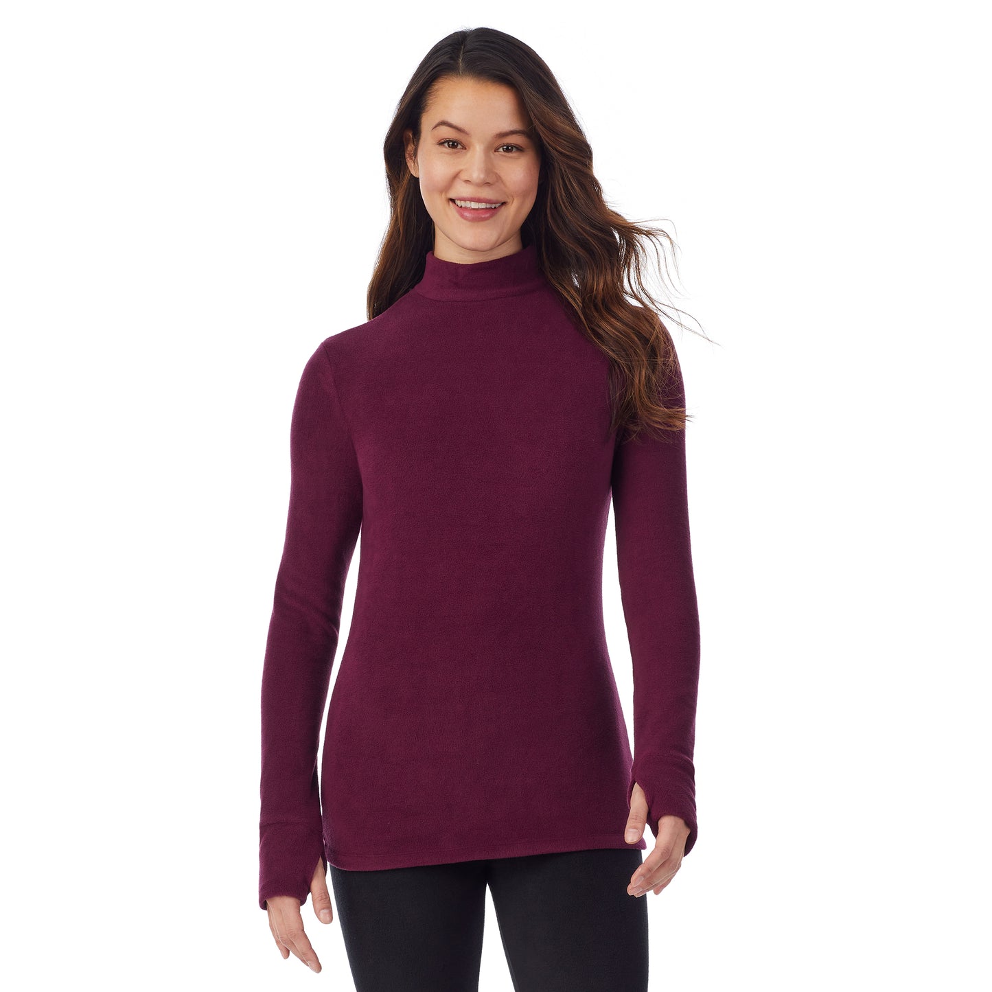 Grape; Model is wearing size S. She is 5’9”, Bust 34”, Waist 25”, Hips 35”.@upper body of a lady wearing grape long sleeve mock neck